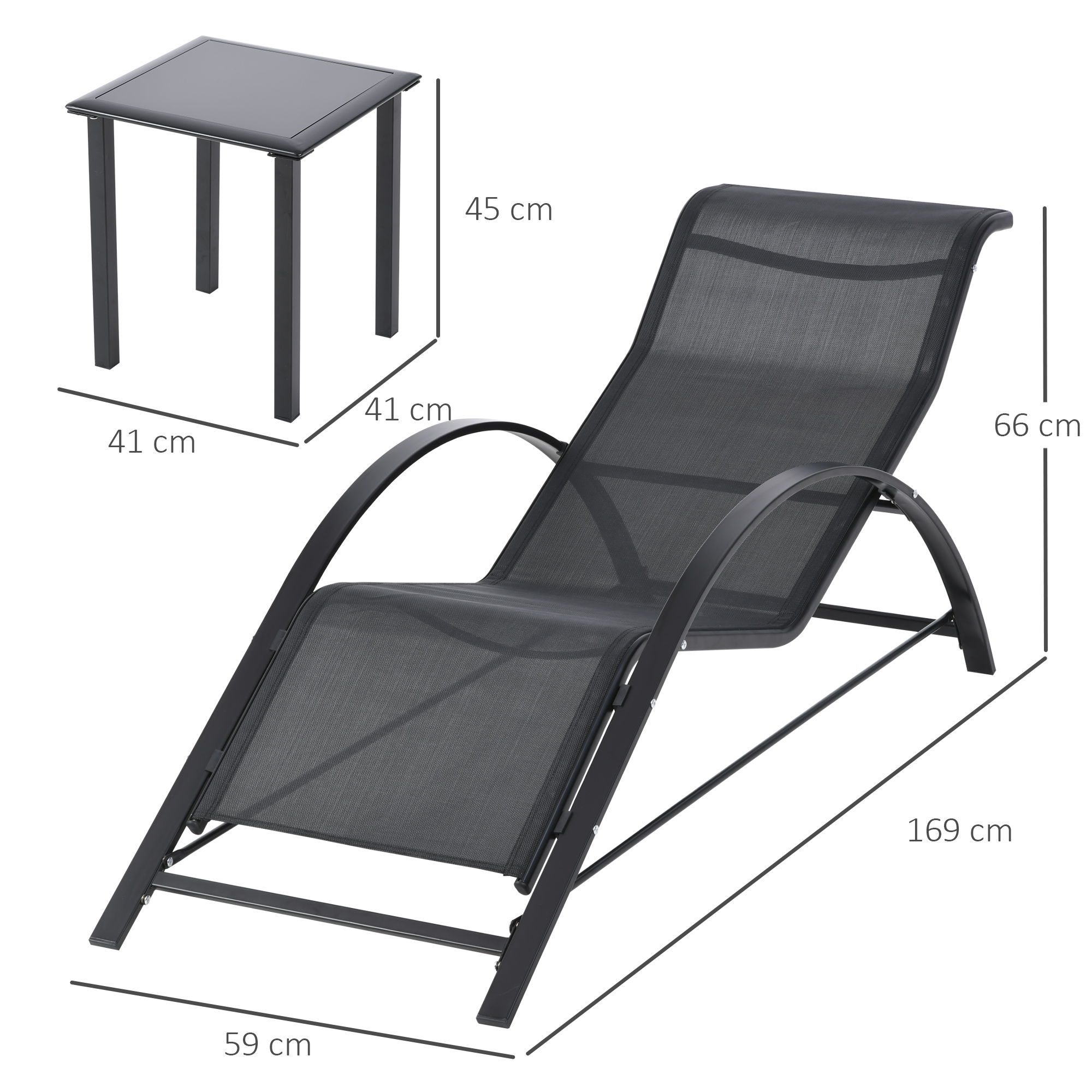 Una sdraio nera con dimensioni e un tavolino.
