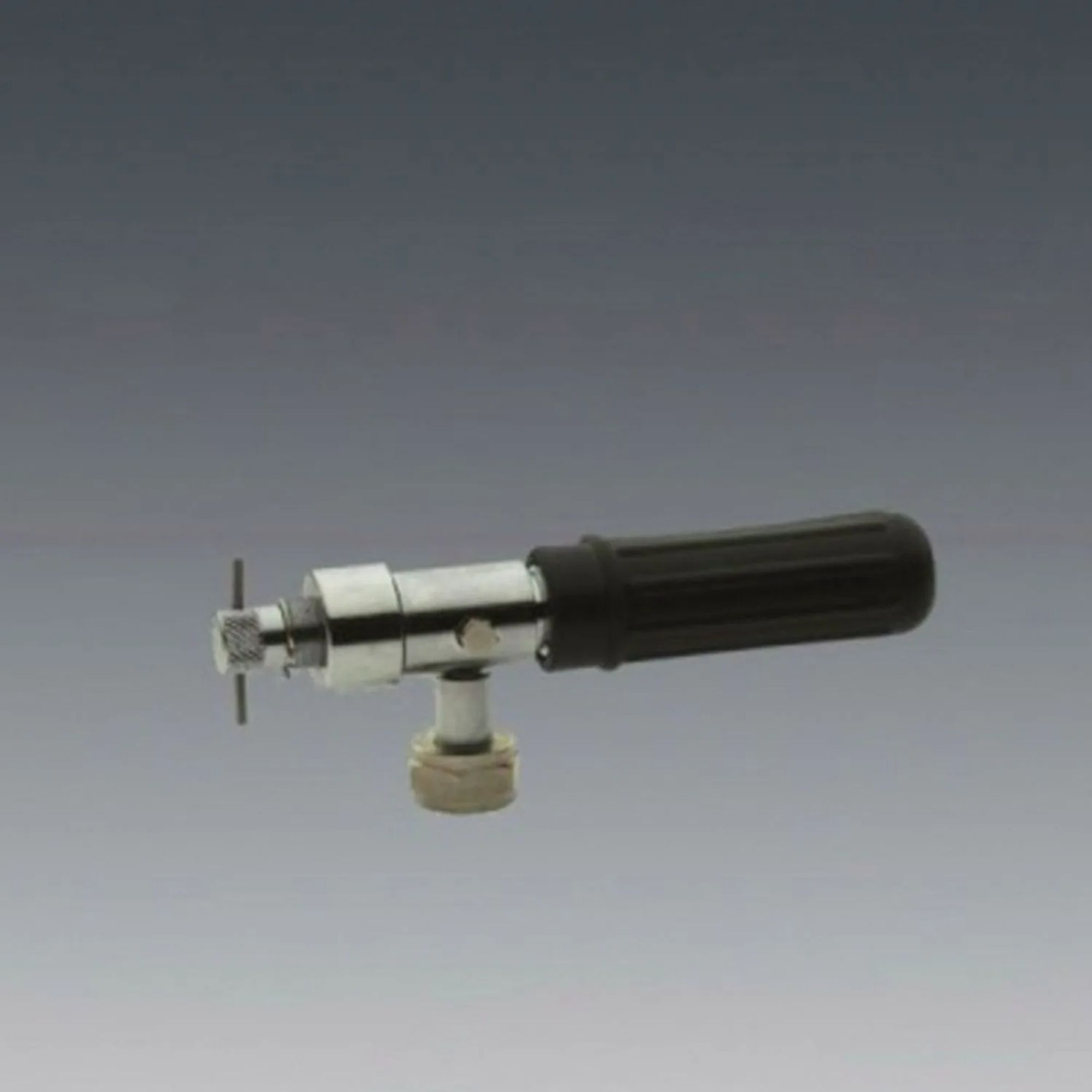 A silver handle with black rubber and a valve.