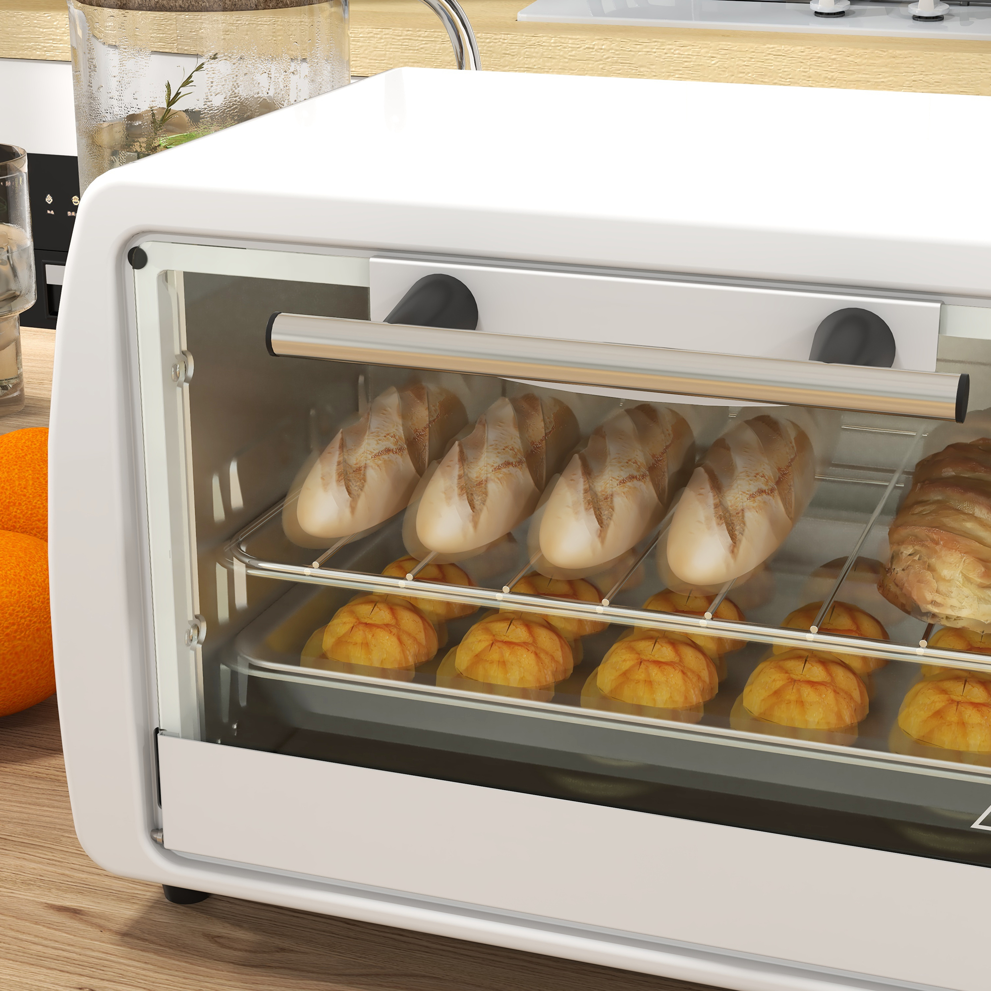 Un horno tostador blanco con baguettes y bollos en rejillas.