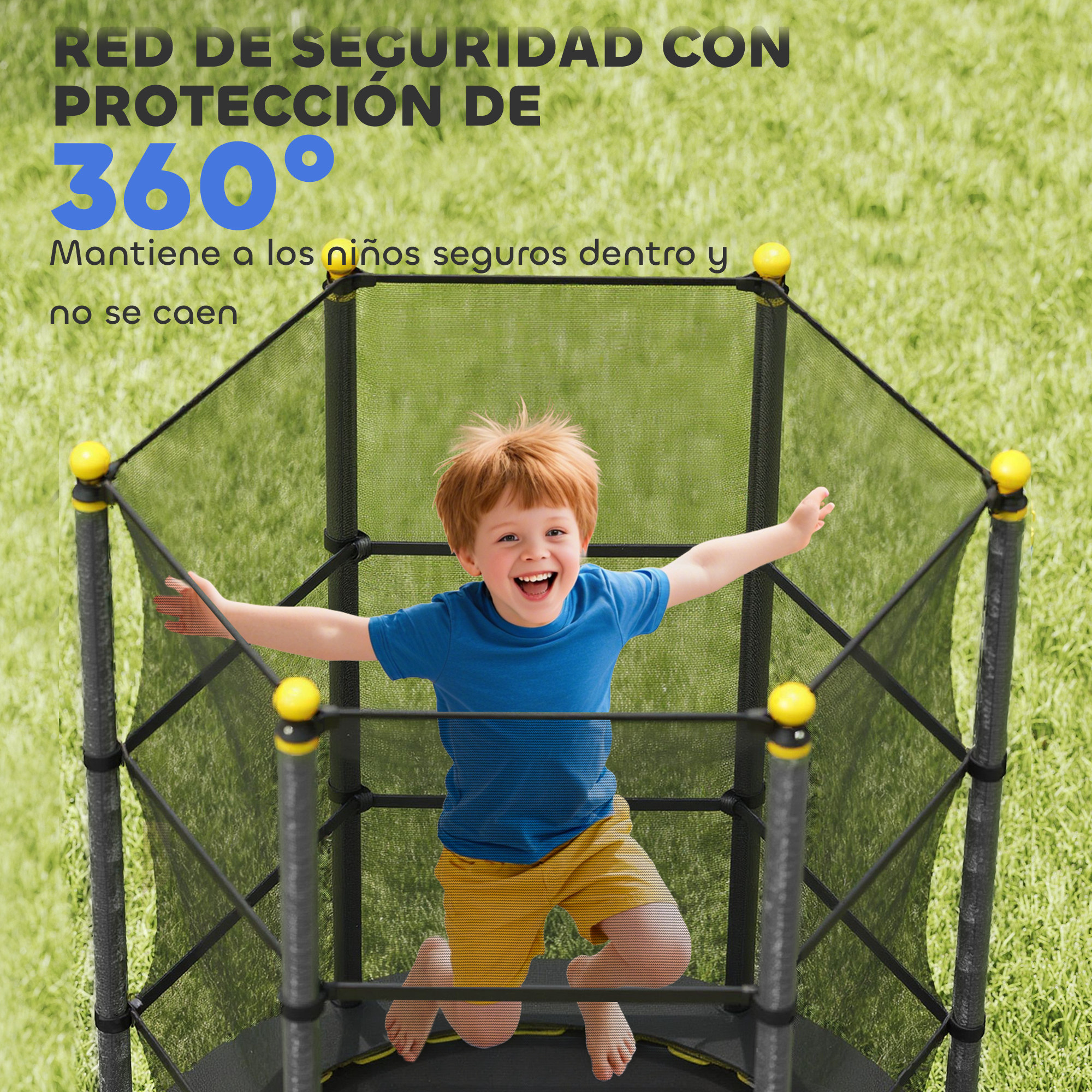 Un niño pelirrojo sonriente, con camiseta azul y pantalones cortos amarillos, salta dentro de un trampolín negro con detalles amarillos.