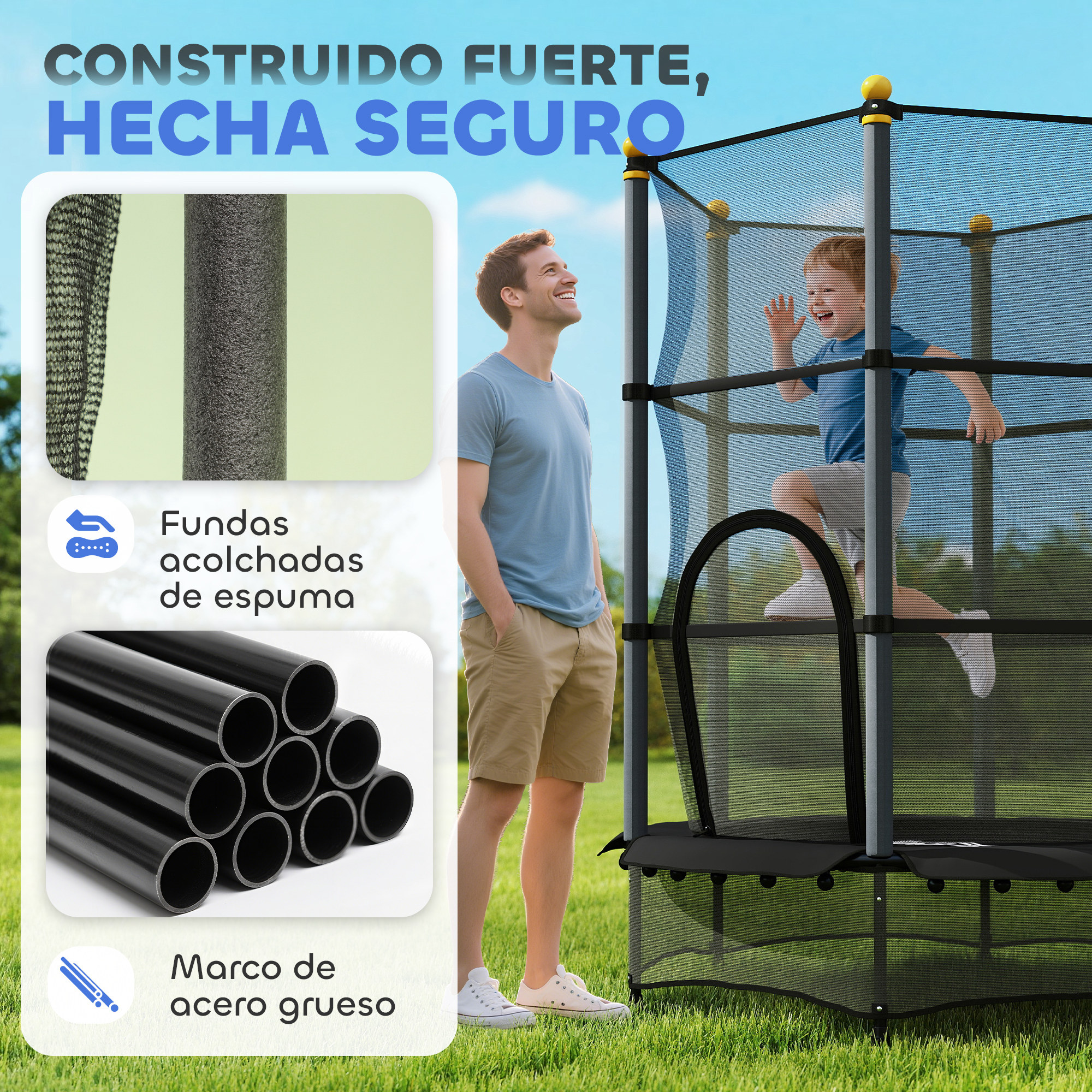 Hombre y niño en un trampolín exterior. Primeros planos de acolchado y marco. Texto: Construido Fuerte, Hecho Seguro.
