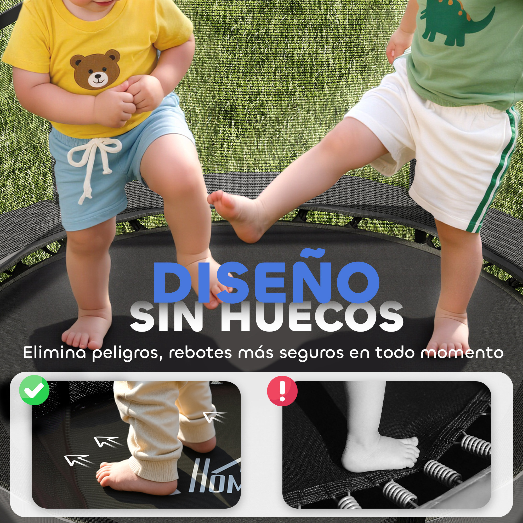 Dos niños pequeños saltando en un trampolín. El texto dice 'Diseño sin huecos'.