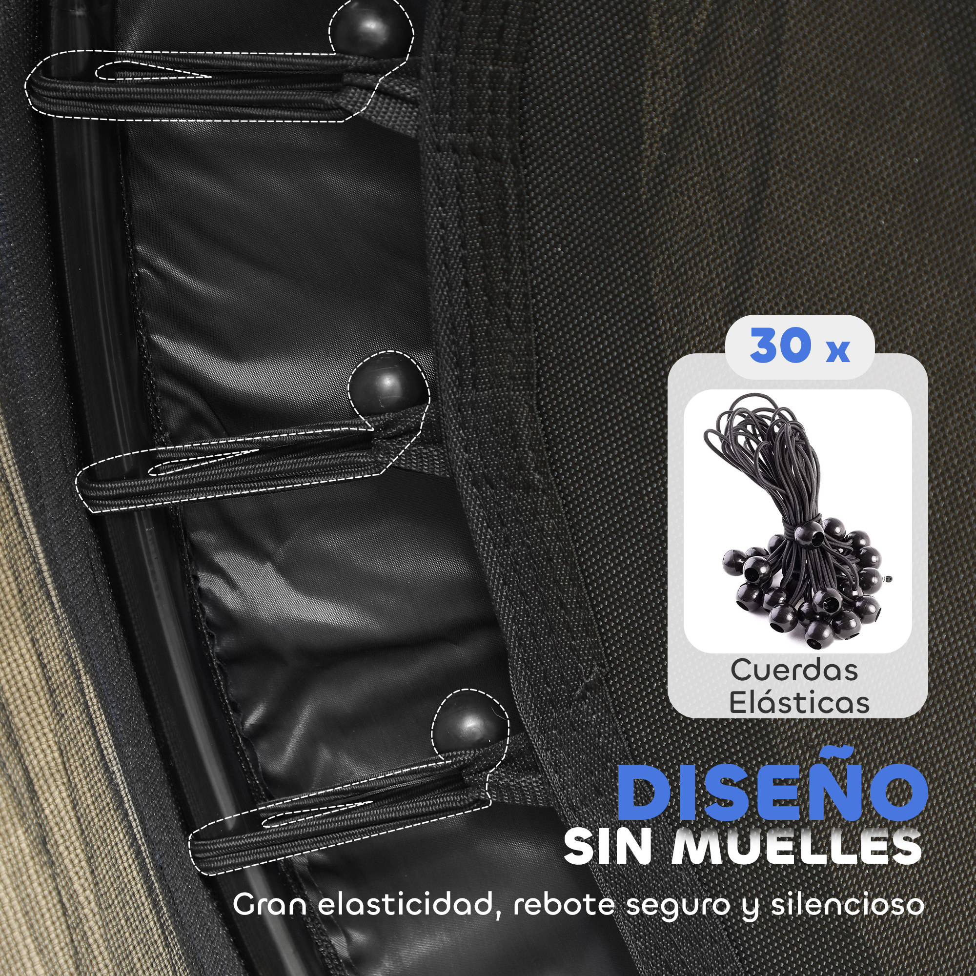 Cuerdas elásticas con bolas unidas a una tela.