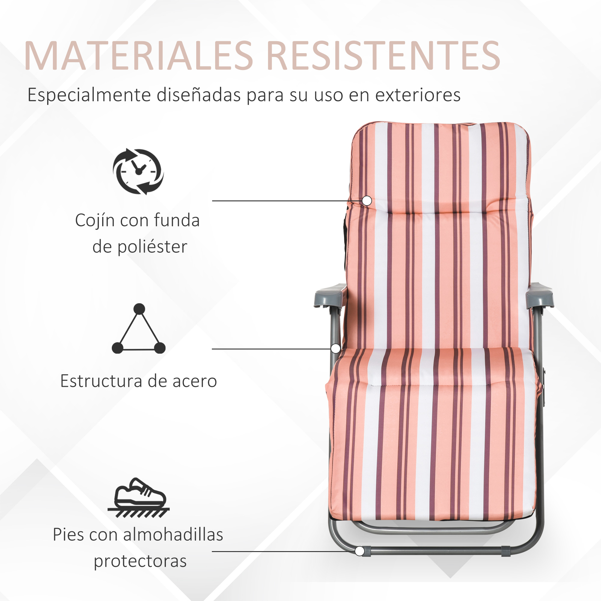 Una silla acolchada a rayas con estructura de acero y pies protectores.