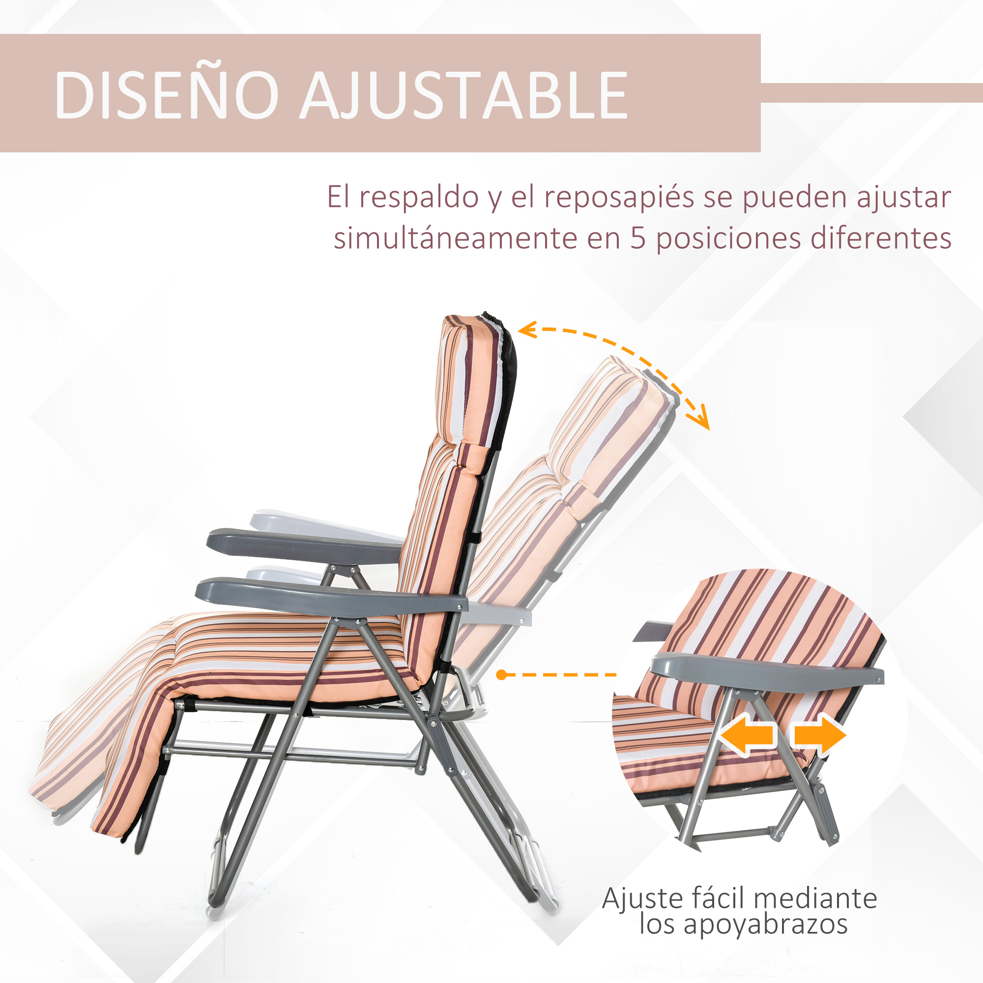 Silla reclinable ajustable con tapicería a rayas, mostrando diferentes posiciones.
