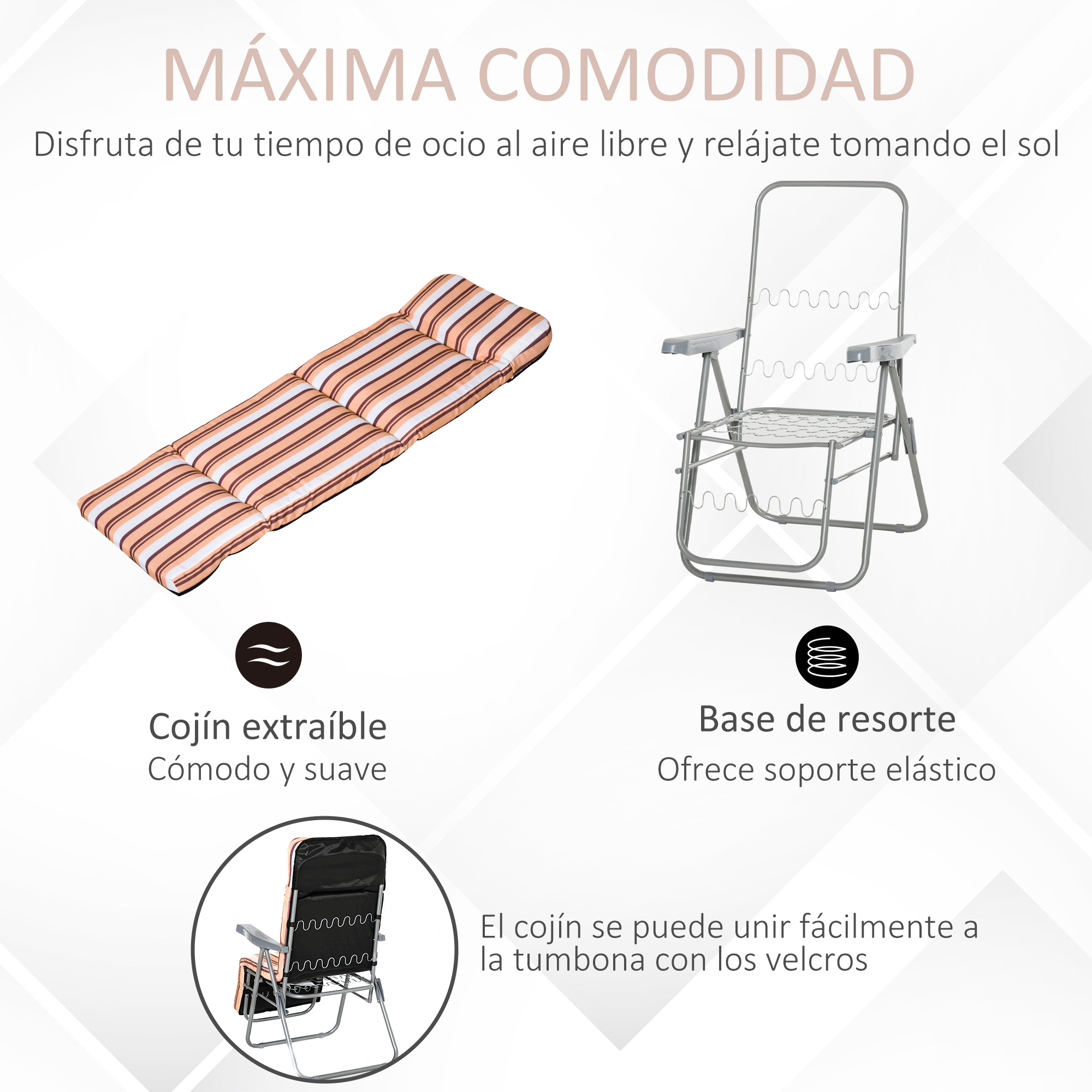 Una colchoneta a rayas y una silla plegable plateada sobre fondo blanco.