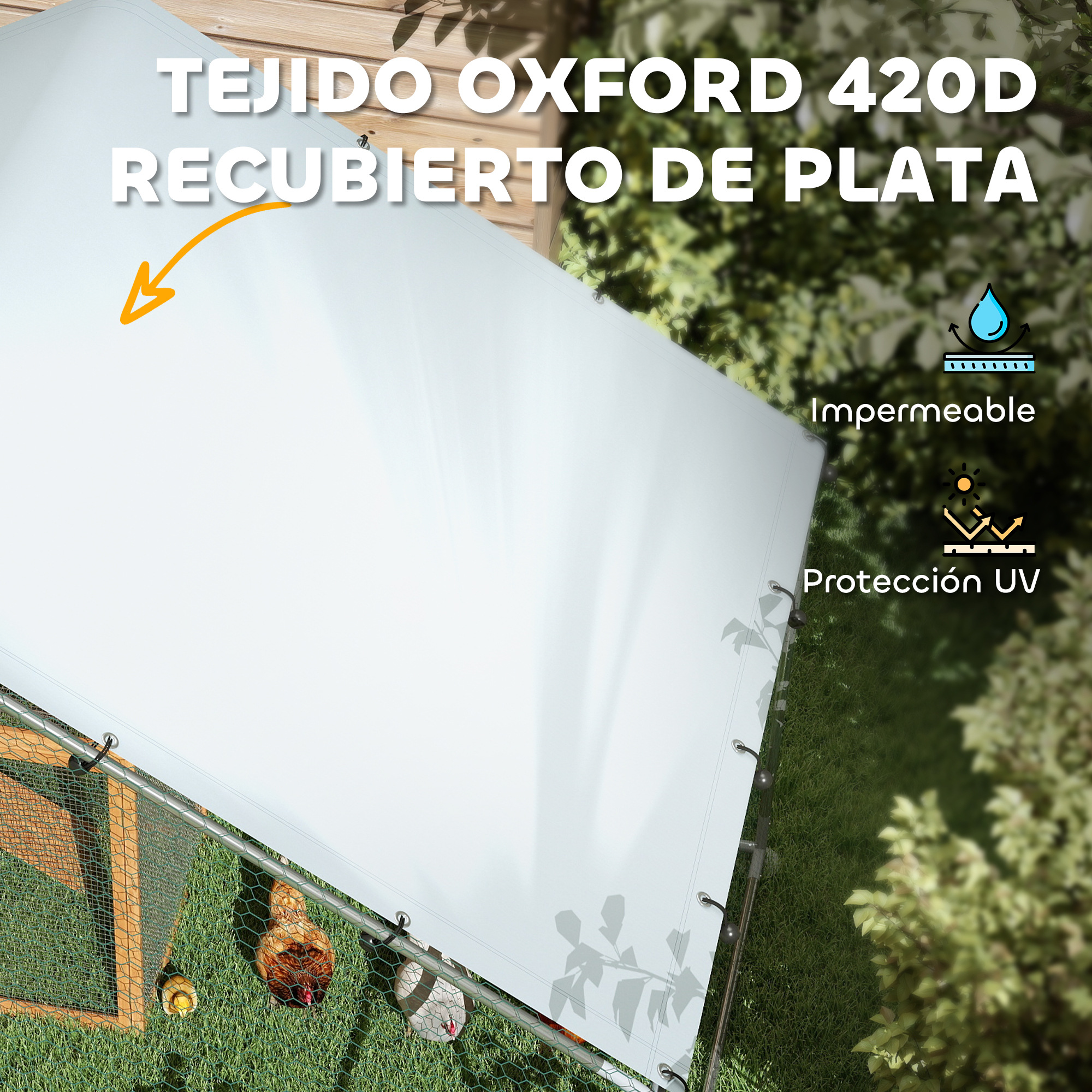 Tela Oxford blanca con revestimiento plateado, instalada al aire libre.