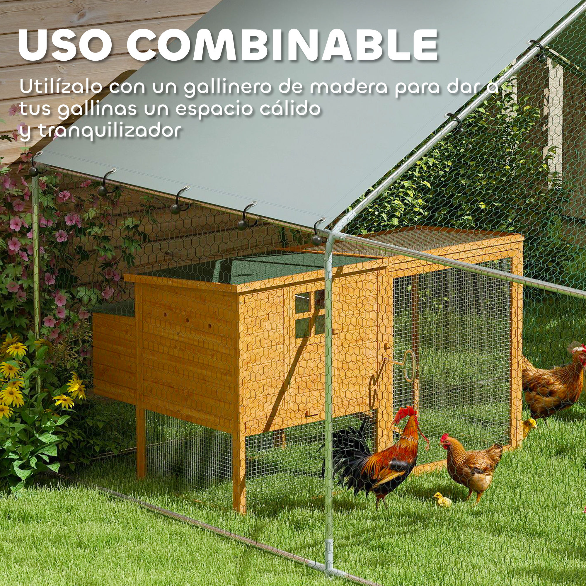 Gallinero de madera con techo de malla, con gallinas y pollitos sobre césped.