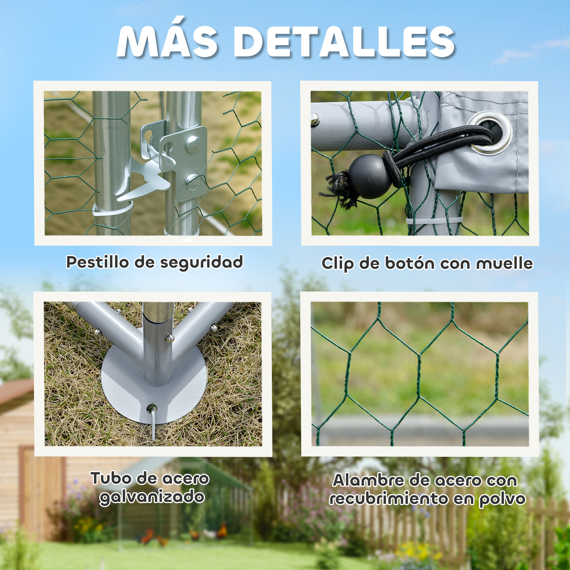 Detalles de la caseta para perros: pestillo, clip, tubo y malla.