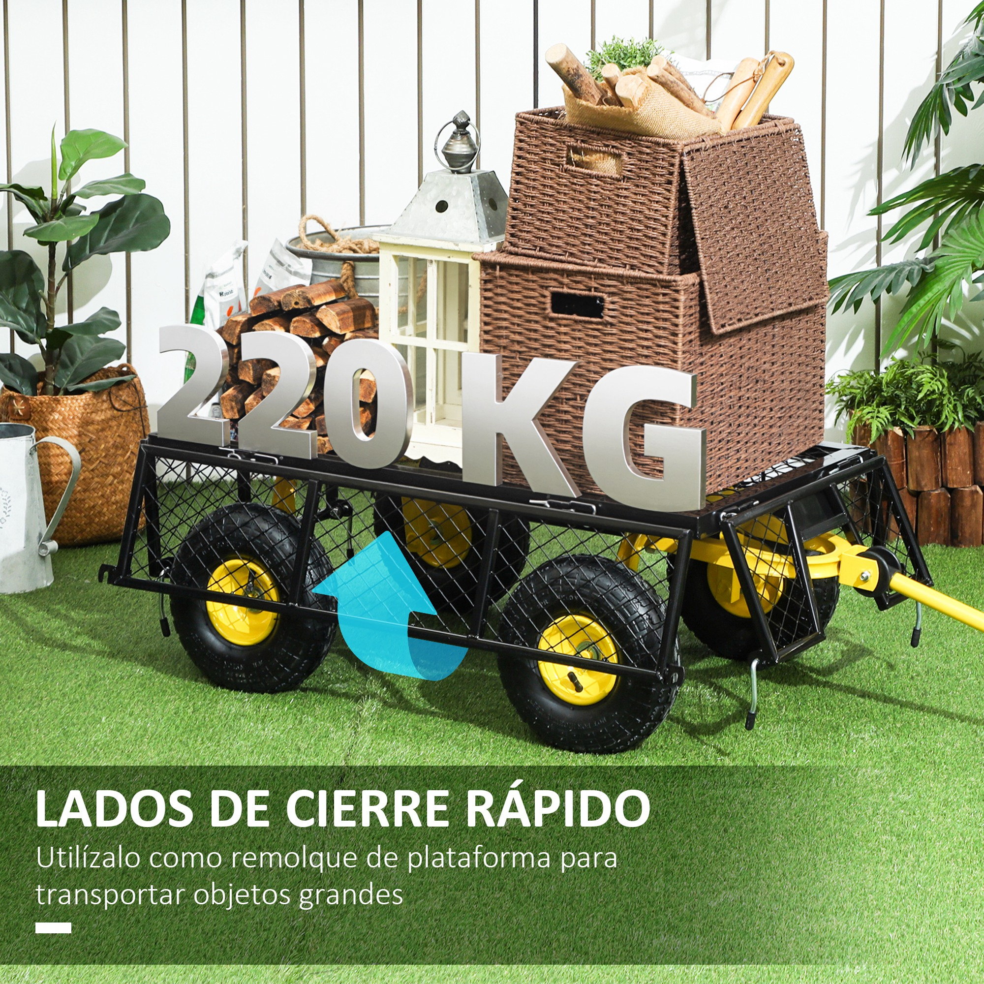 Carro negro con ruedas amarillas y texto 220 KG sobre césped.