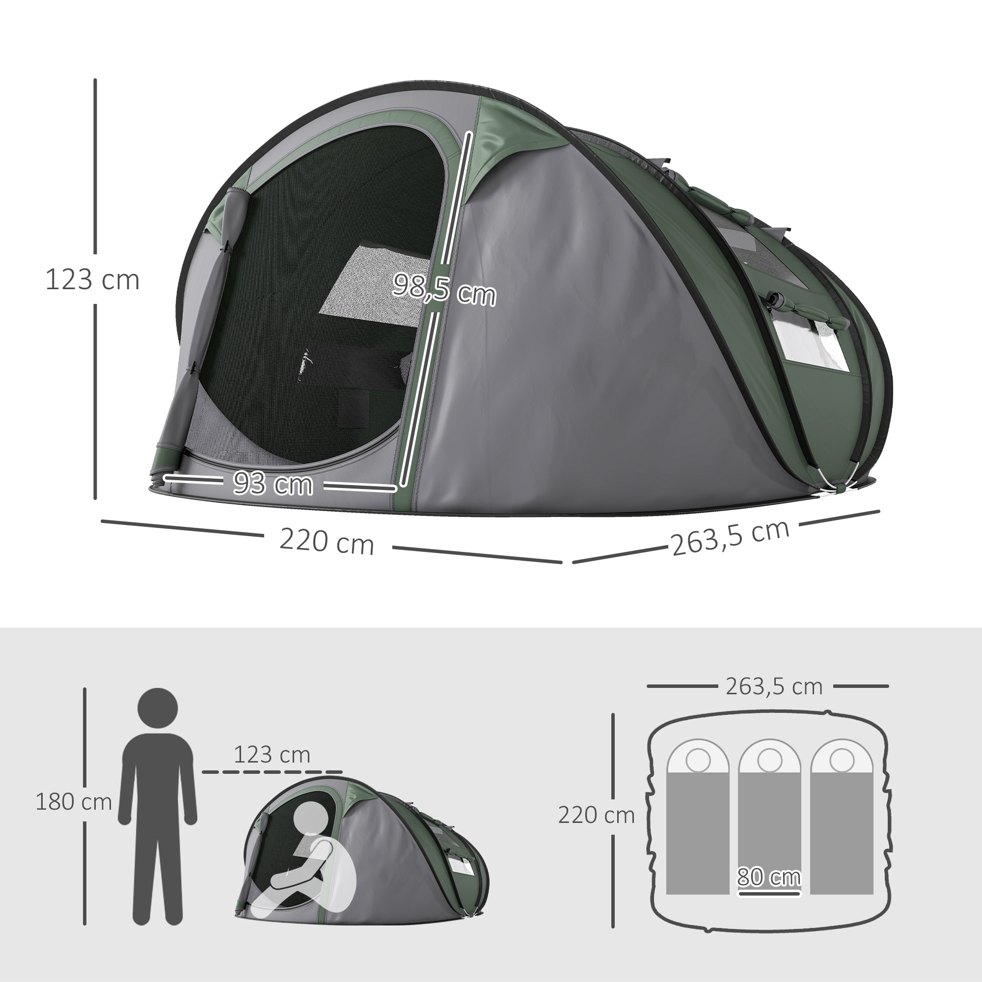 Tienda pop-up verde y gris con dimensiones: Al 123 cm, An 220 cm, L 263,5 cm.