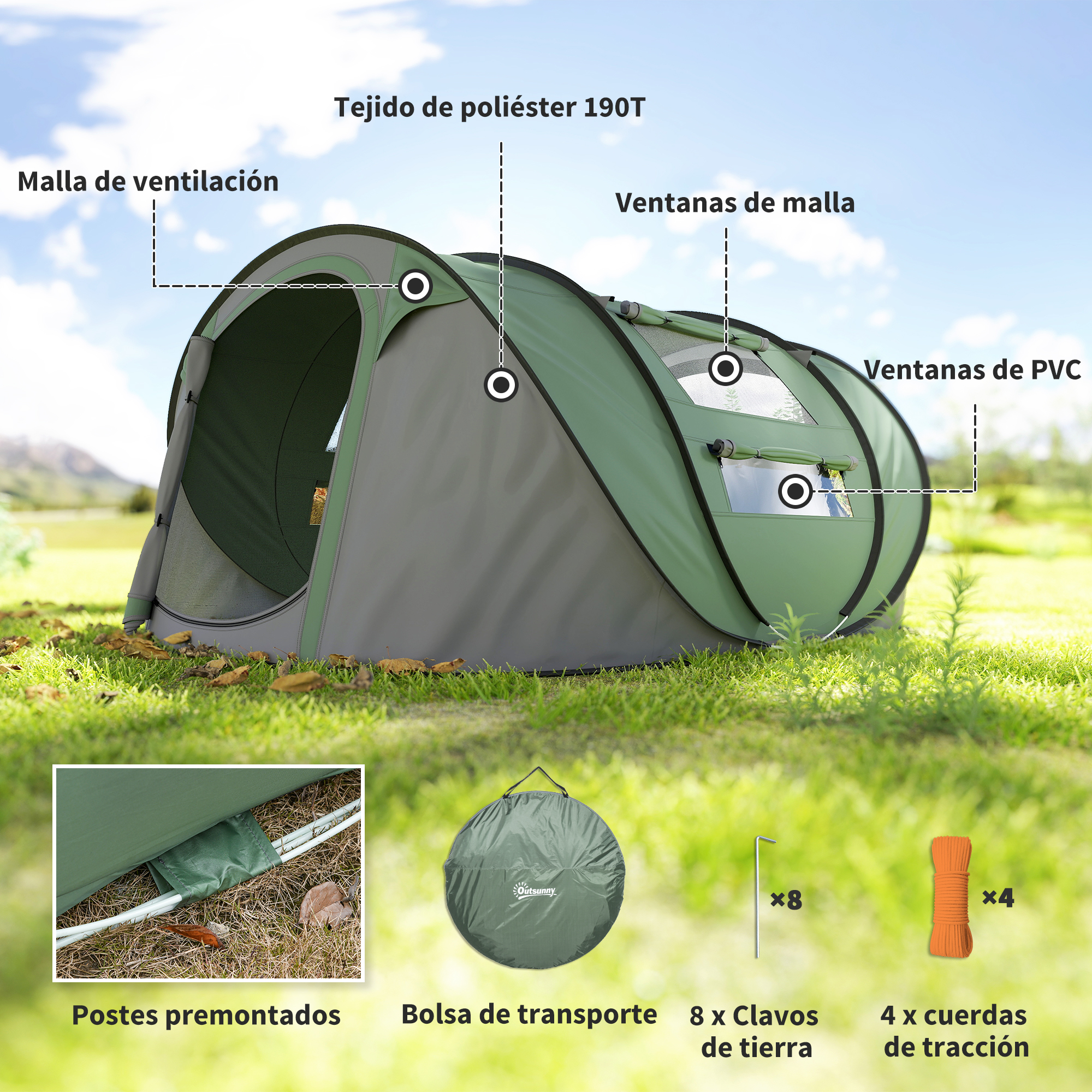 Una tienda de campaña verde emergente con ventanas de malla y PVC.