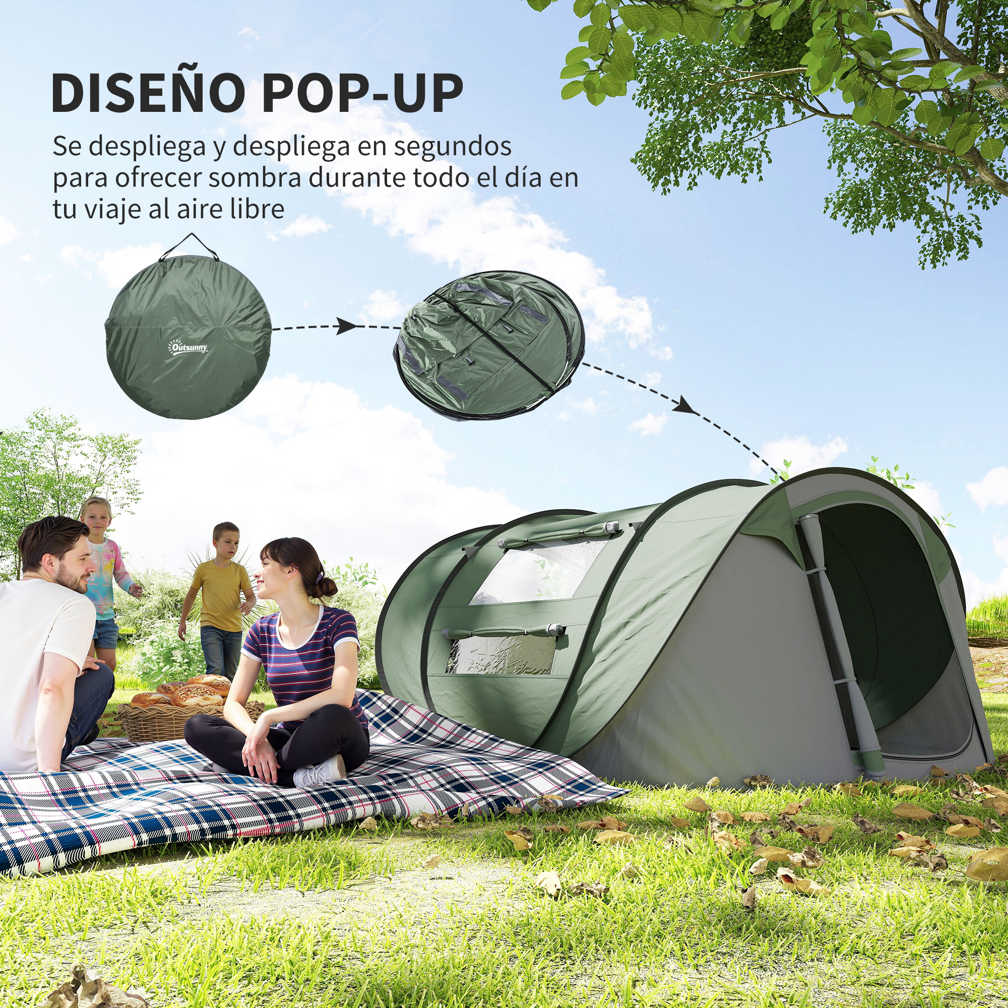 Una familia disfruta de un picnic cerca de una carpa pop-up verde bajo un árbol.