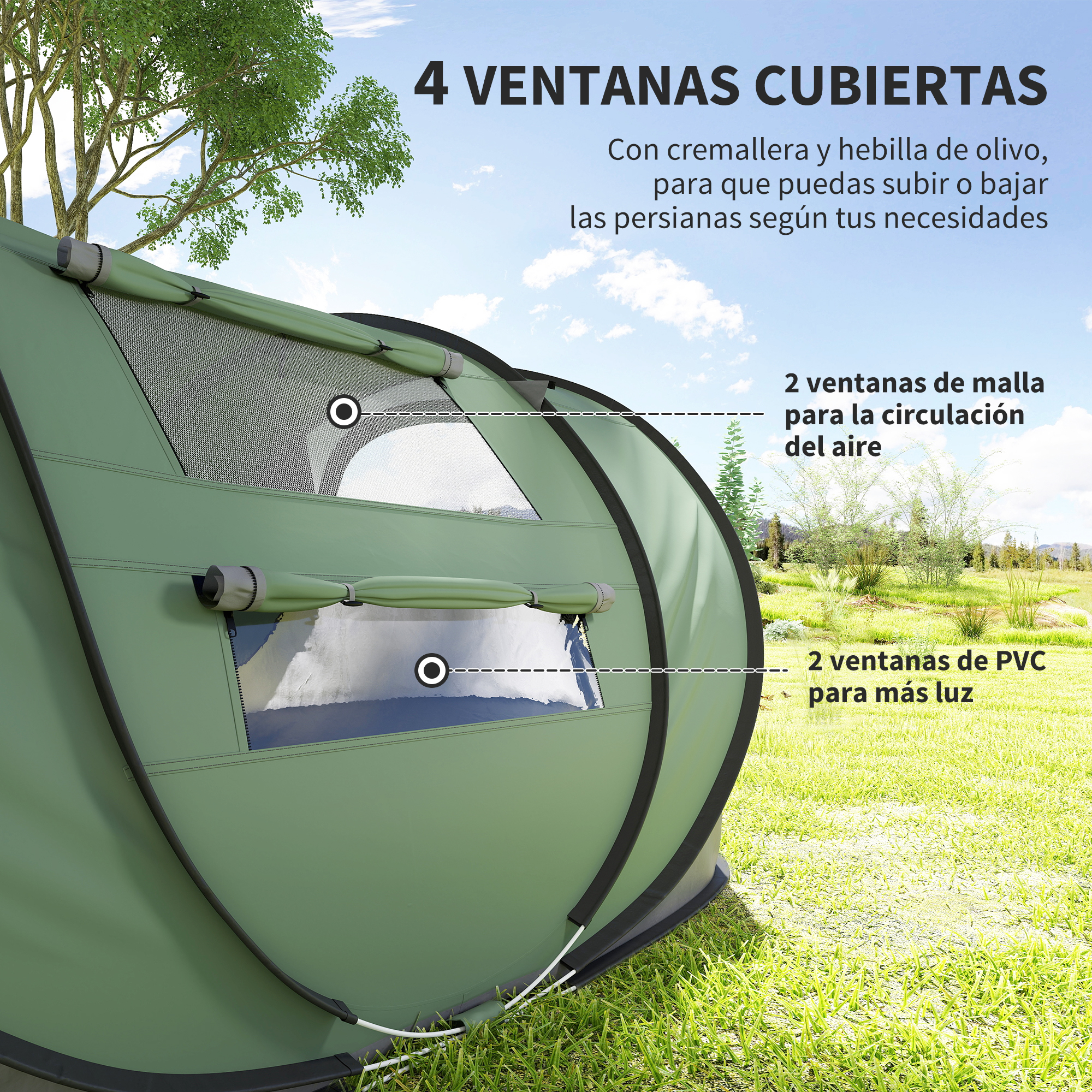 Tienda verde con 4 ventanas: 2 de malla para ventilación, 2 de PVC para luz.