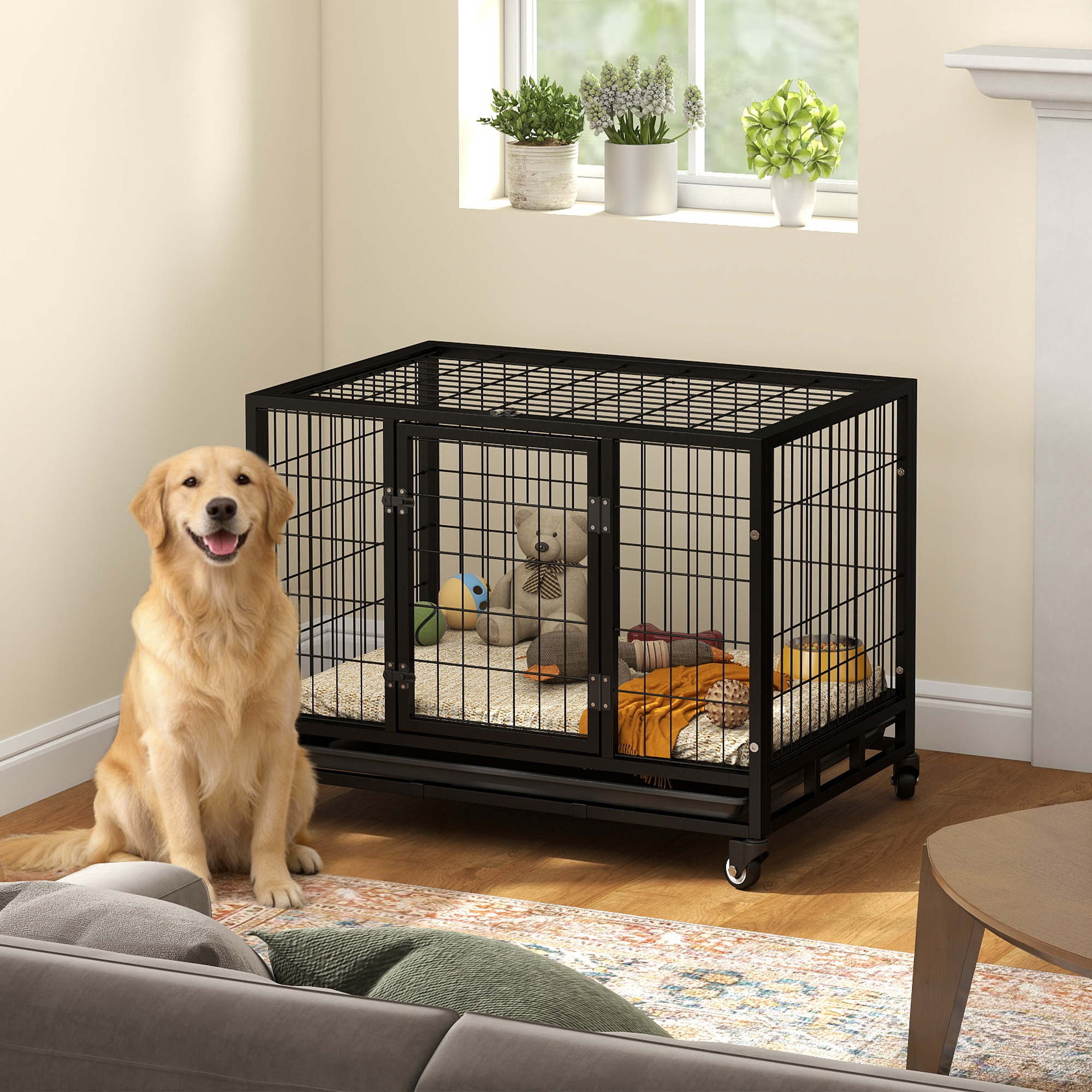 Un golden retriever se sienta junto a una jaula negra de metal para perros con juguetes. Cerca hay un sofá y una mesa.