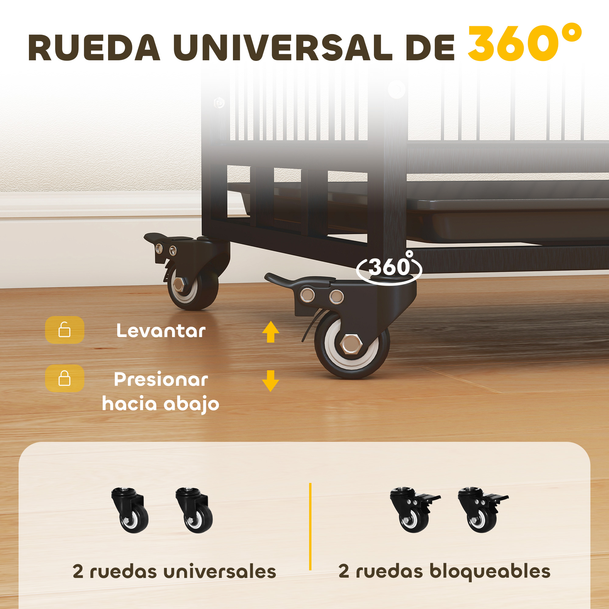 Rueda de mueble negra con palanca de freno en suelo de madera, 360°.