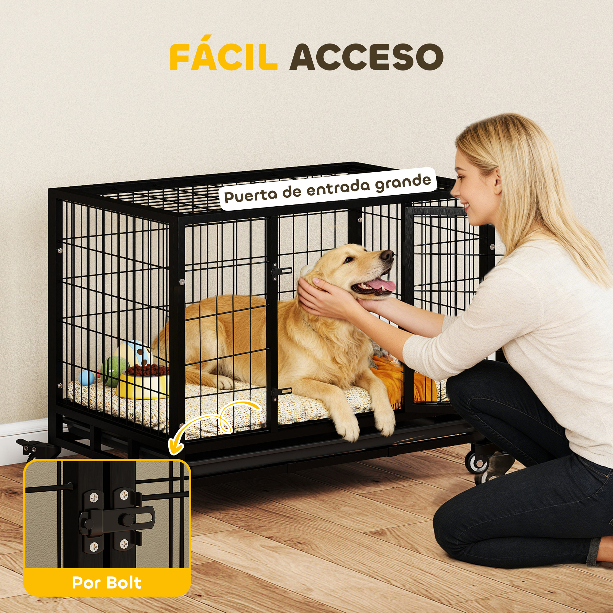 Un golden retriever yace en una jaula negra para perros mientras una mujer lo acaricia.