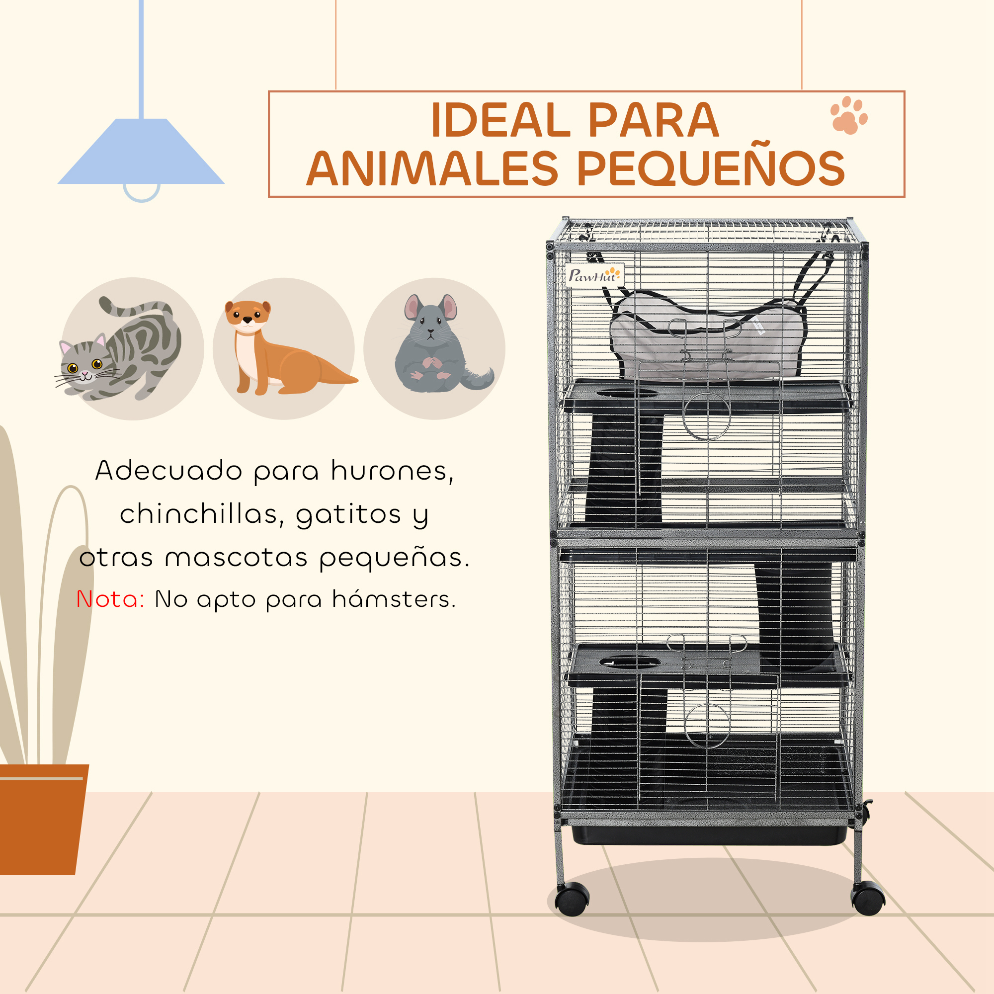Una jaula para animales pequeños con ilustraciones de gato, hurón y chinchilla.