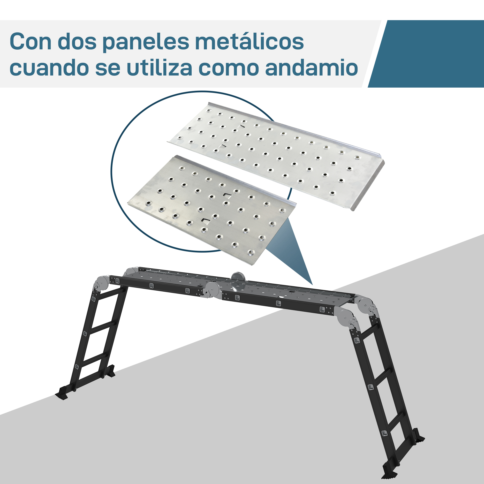 Un andamio plegable con dos tablones metálicos que sirven de superficie de trabajo.