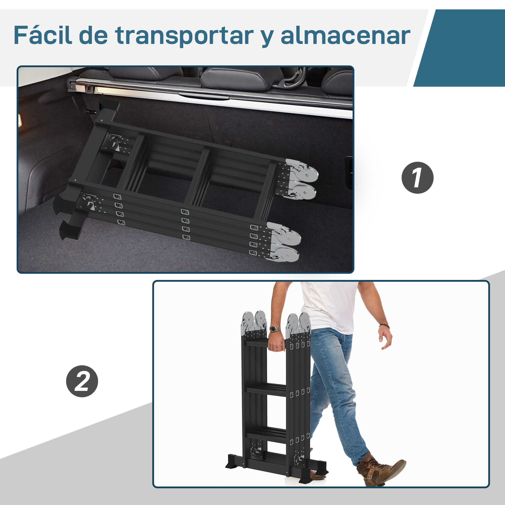Escalera negra en maletero y una persona llevándola.