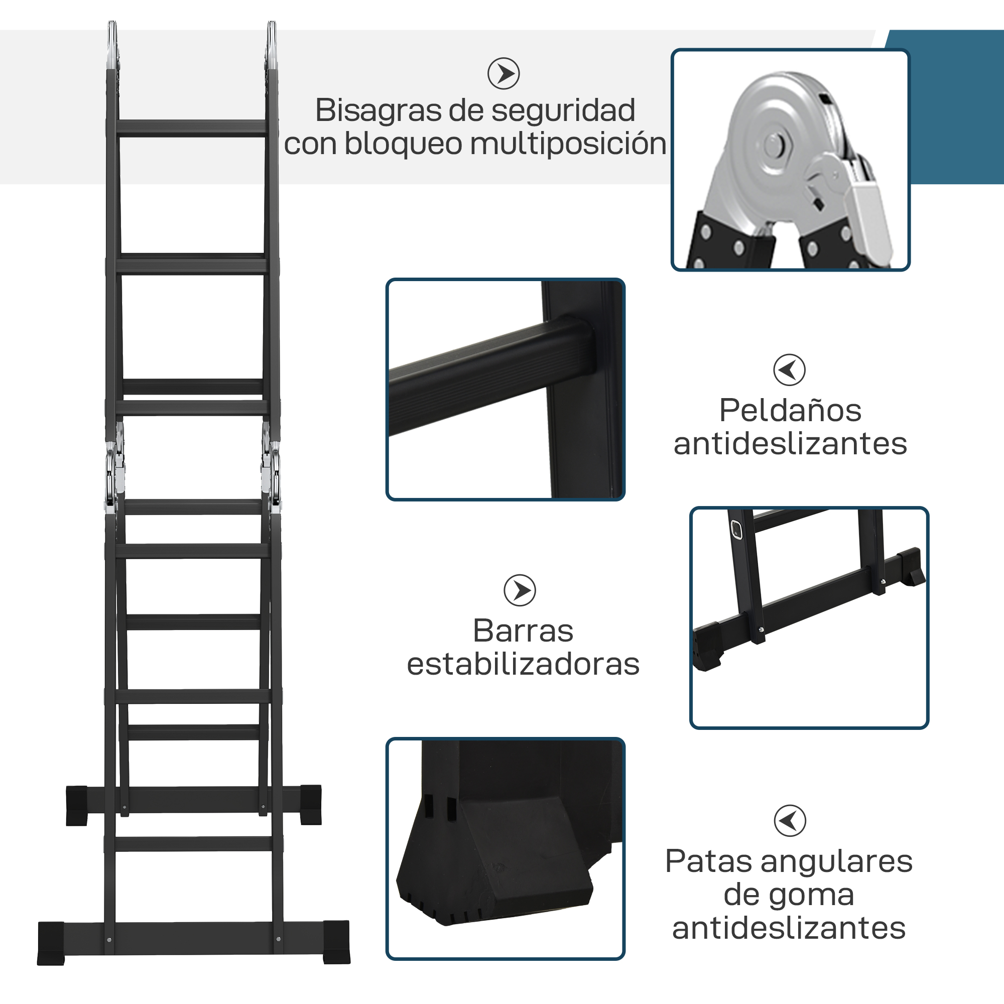 Escalera negra con bisagras de seguridad, peldaños antideslizantes, barras estabilizadoras.