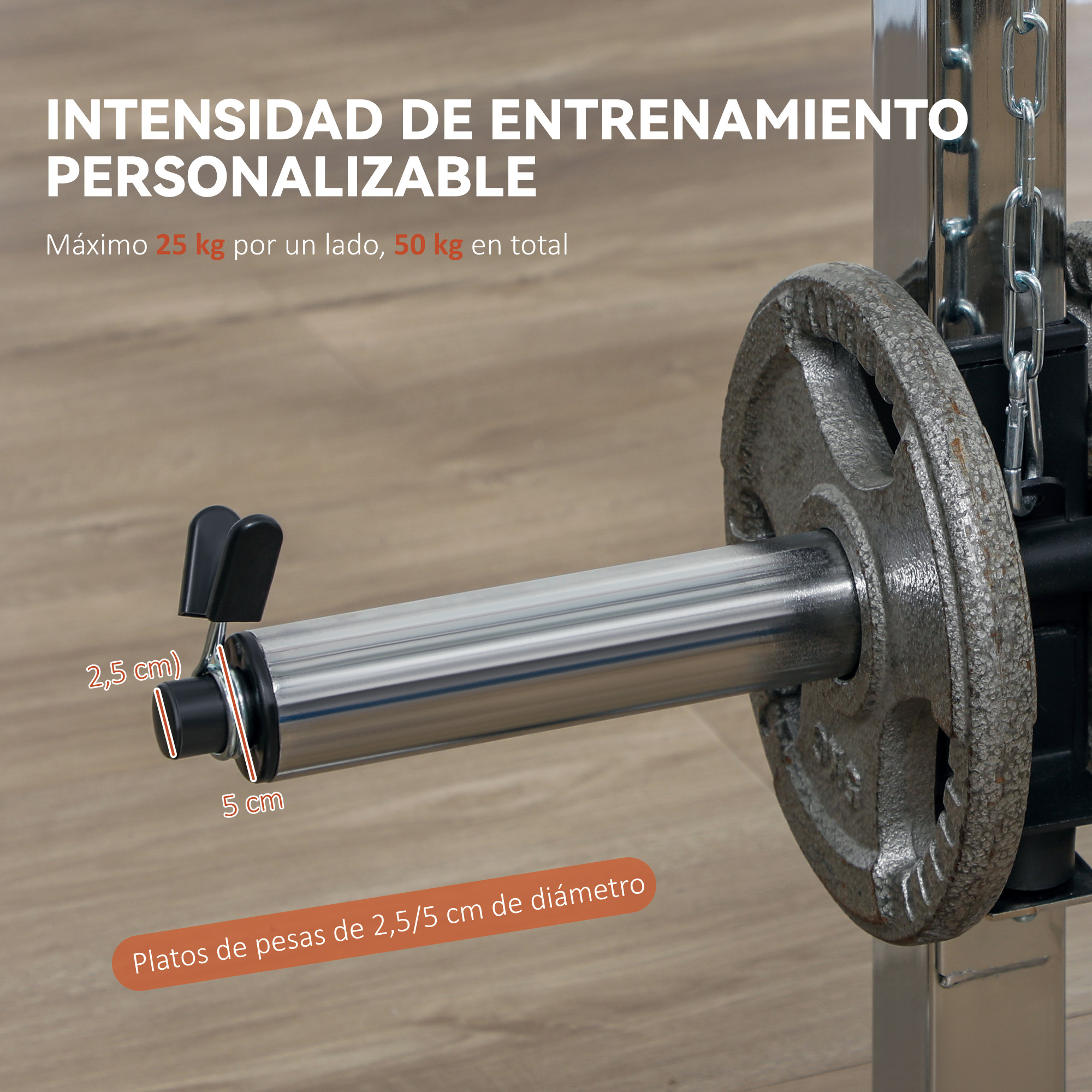 Soporte para discos de pesas con discos, medidas indicadas.