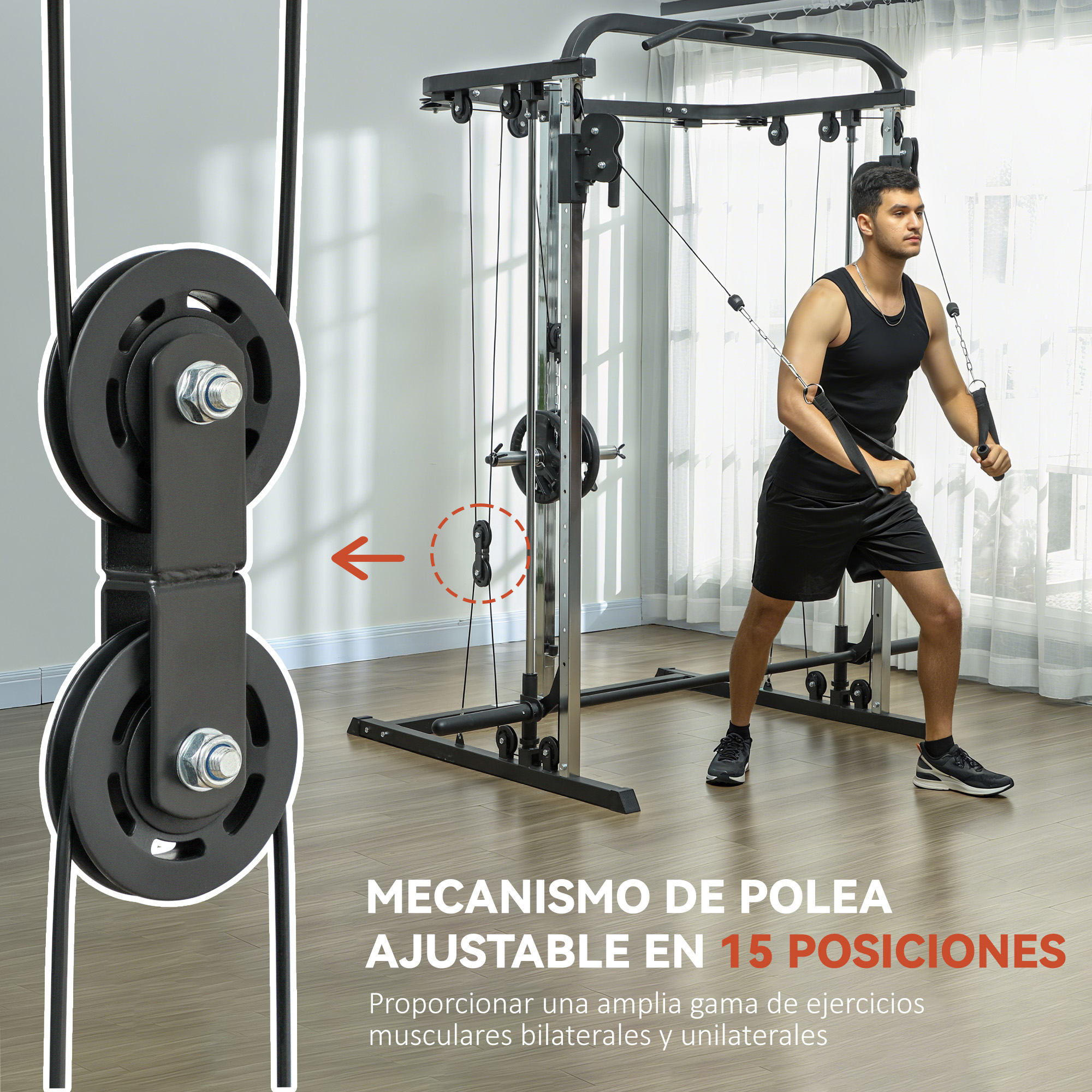 Hombre entrenando con máquina de poleas, primer plano del mecanismo.