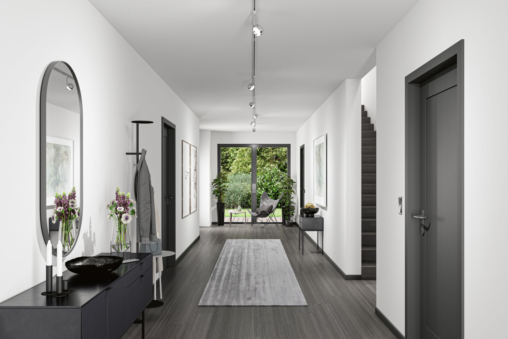 Moderner Flur mit dunklem Holzboden, grauem Teppich, Spiegel, Garderobe und Gartenblick.