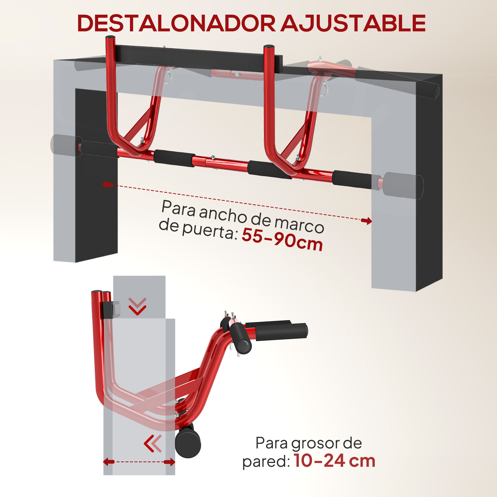Una barra de dominadas roja ajustable para marco de puerta, mostrada montada.