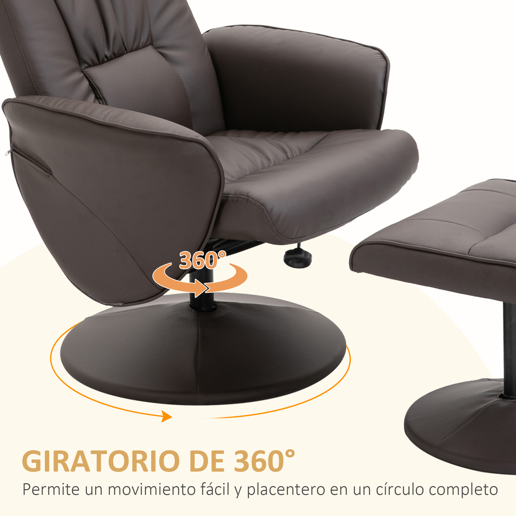 Silla giratoria marrón con otomana, con rotación de 360 grados.