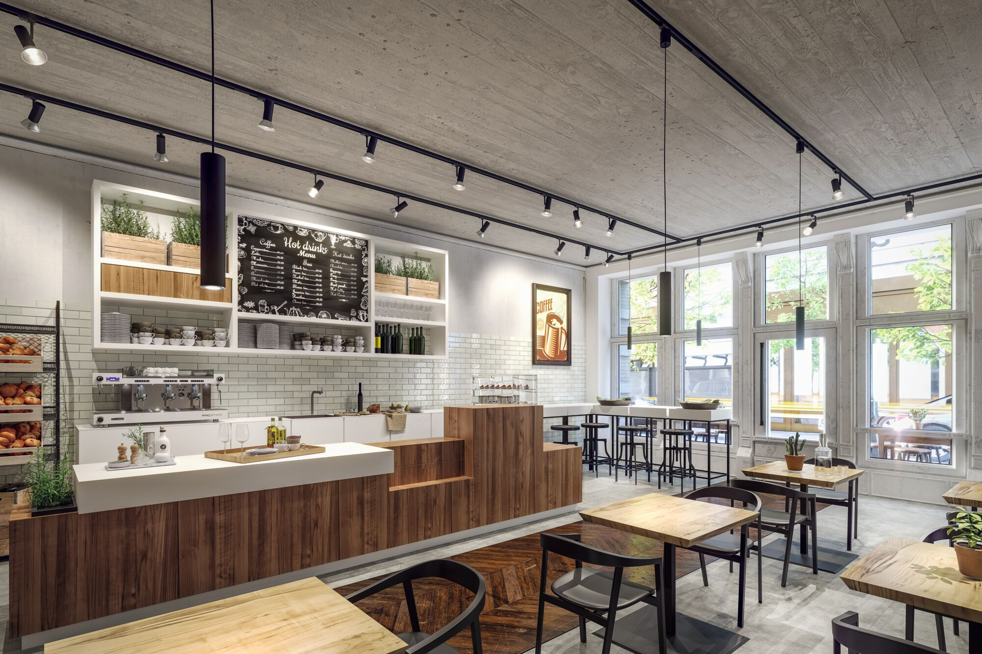 Modernes Café mit Holzakzenten, Tischen, Stühlen und einer Kaffeemaschine.
