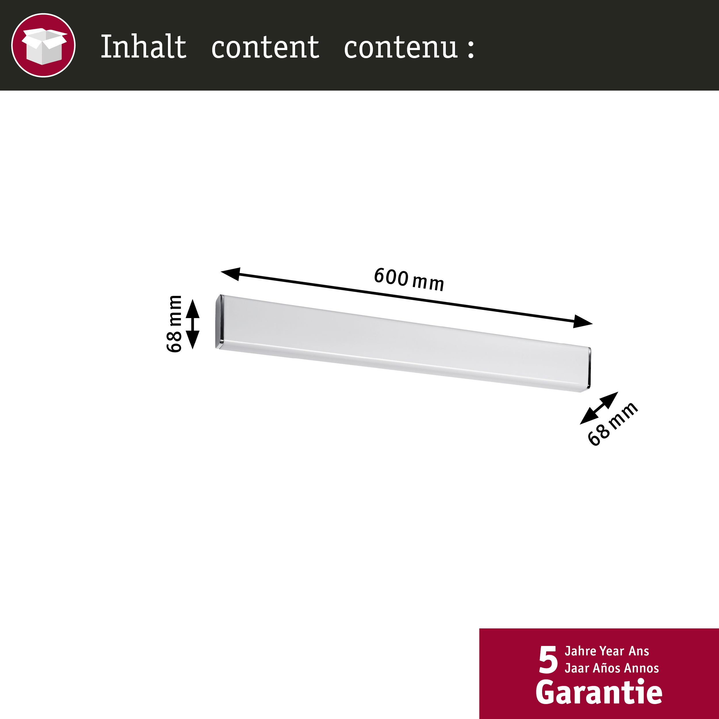 Un oggetto argentato di 600 mm x 68 mm.