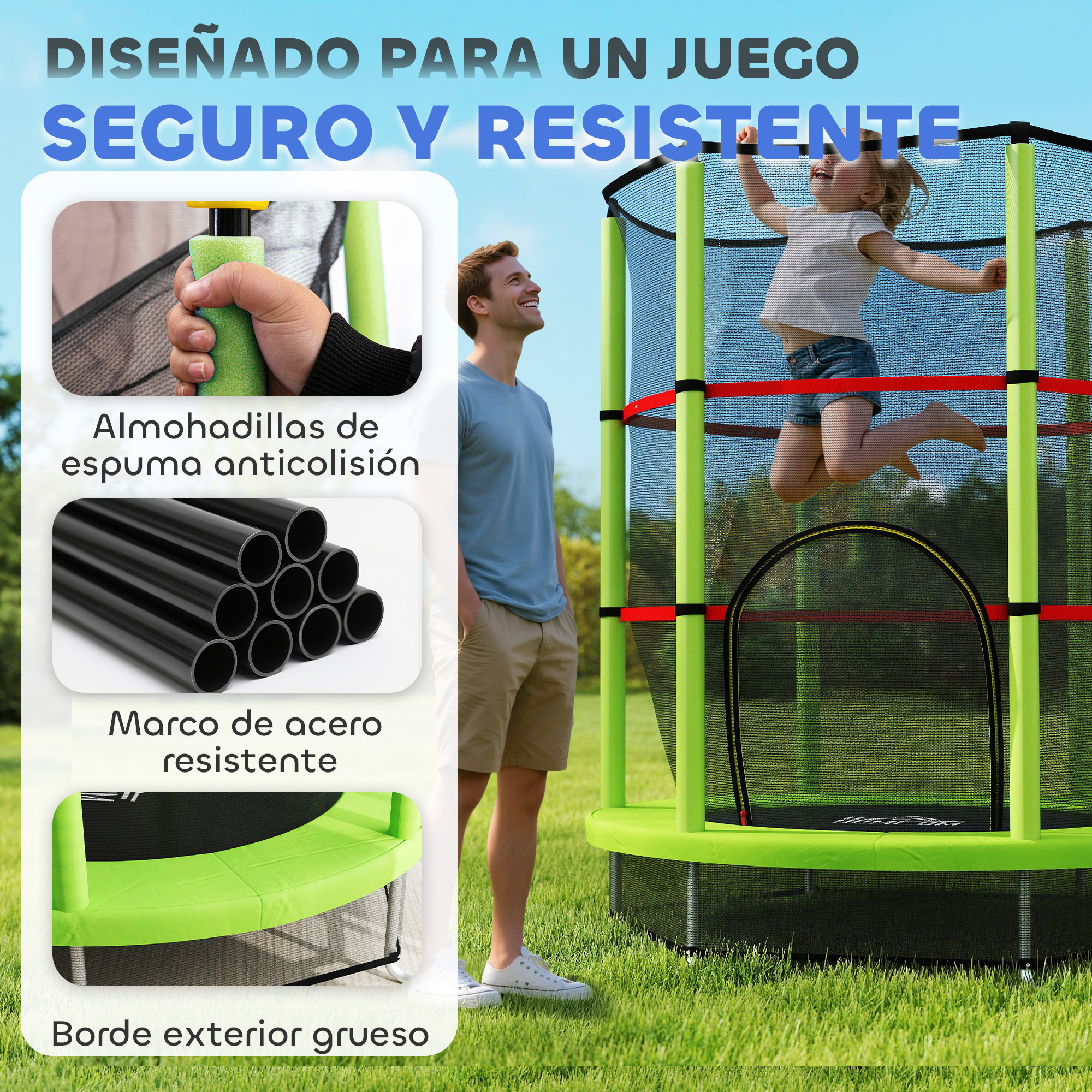 Un hombre observa a un niño saltar en un trampolín. Detalles muestran acolchado de espuma y marco de acero.