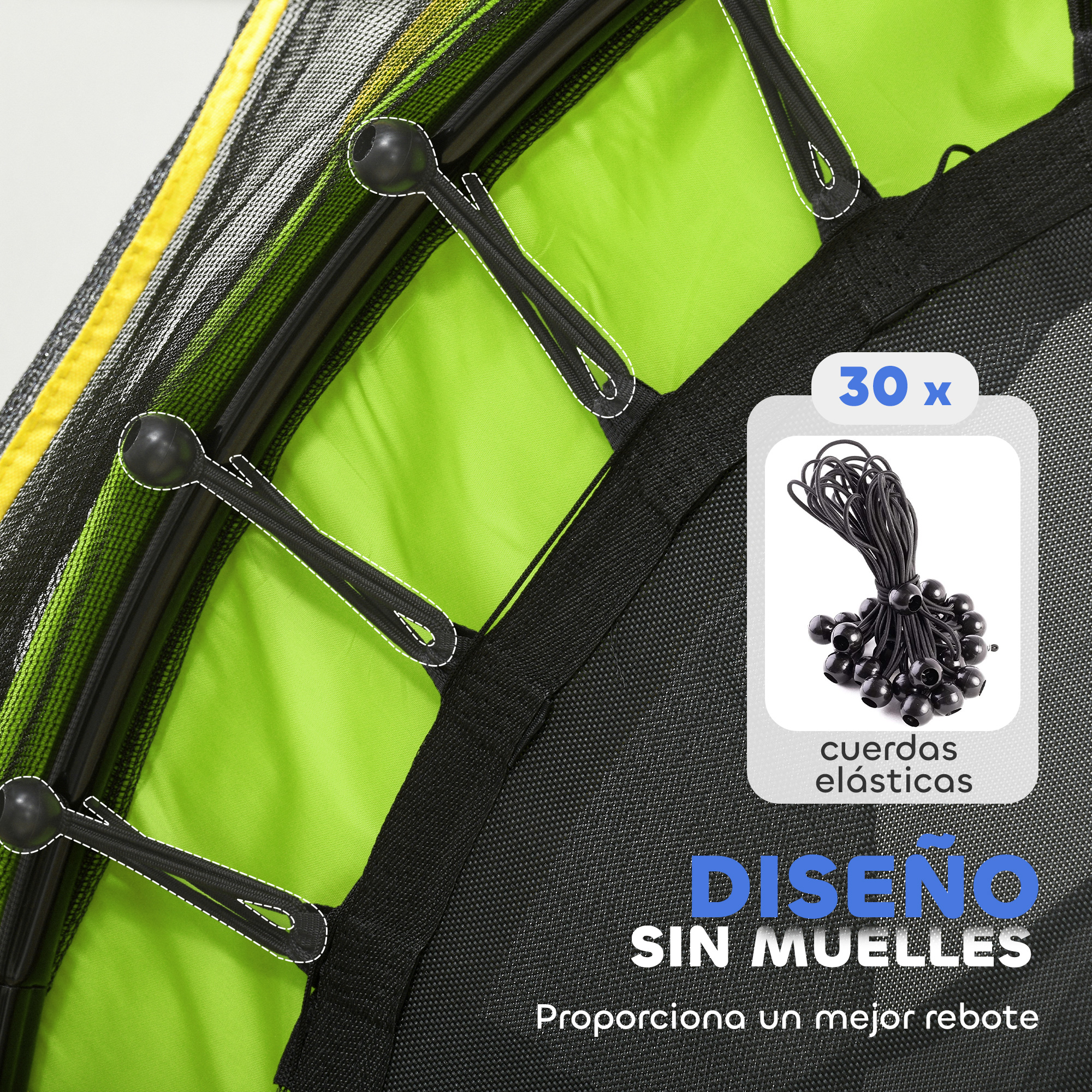 Primer plano de una alfombrilla de trampolín con cuerdas elásticas y etiqueta '30x'.
