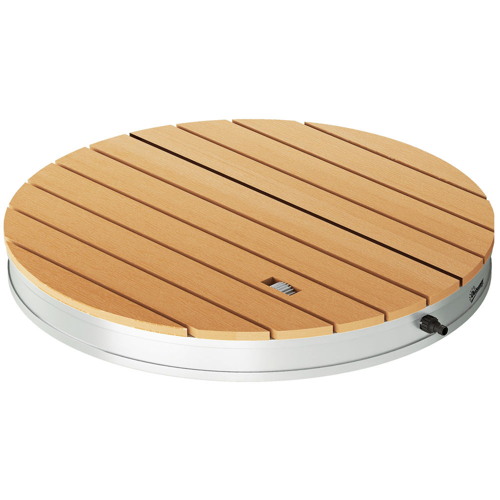 Superficie redonda de madera con borde plateado y boquilla de conexión.