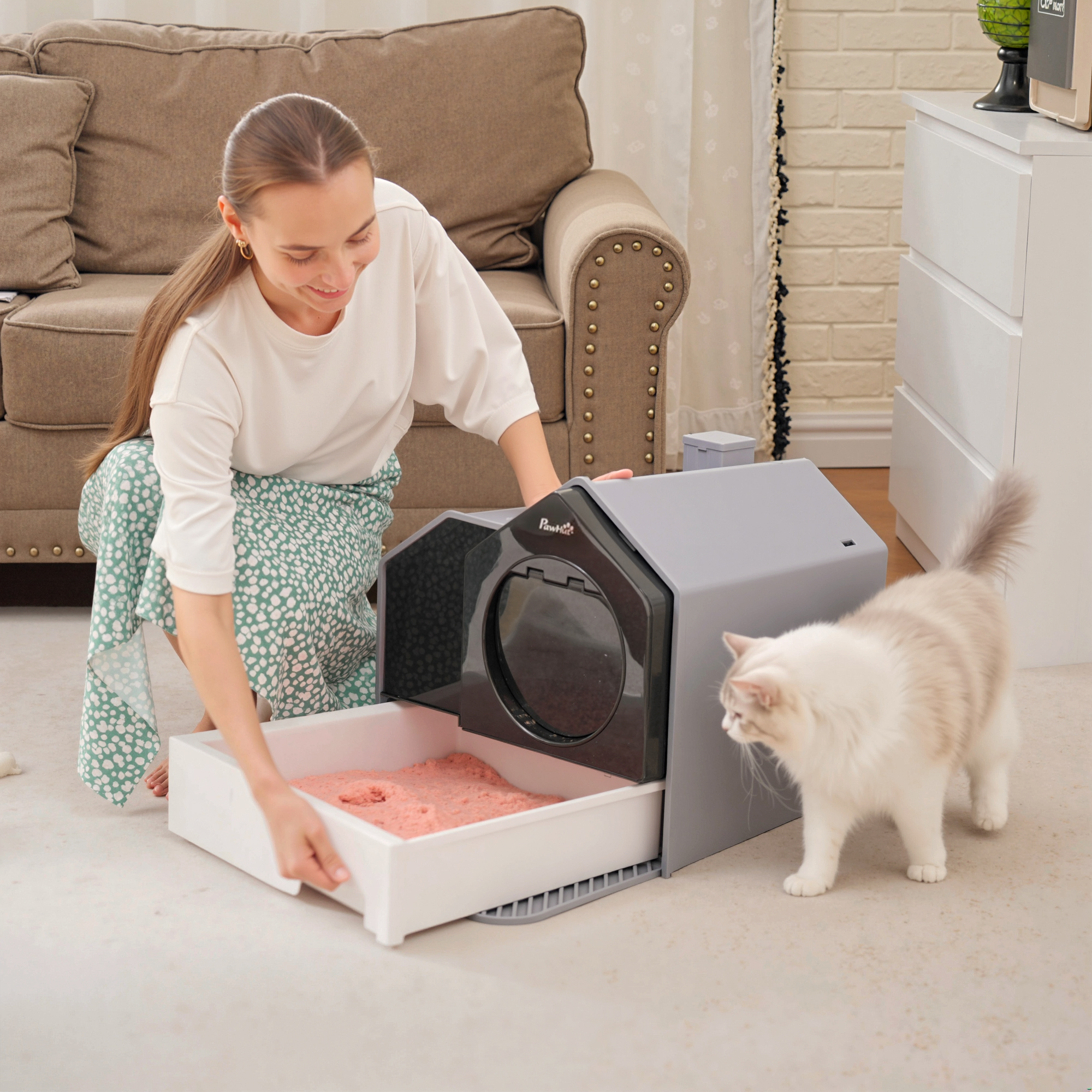 Una mujer limpia una caja de arena mientras un gato está cerca.