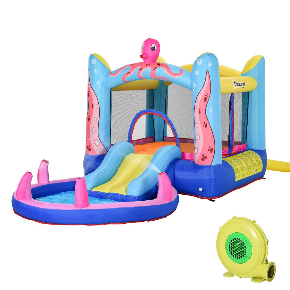 Castillo hinchable con tobogán y piscina, temática de pulpo rosa y soplador.