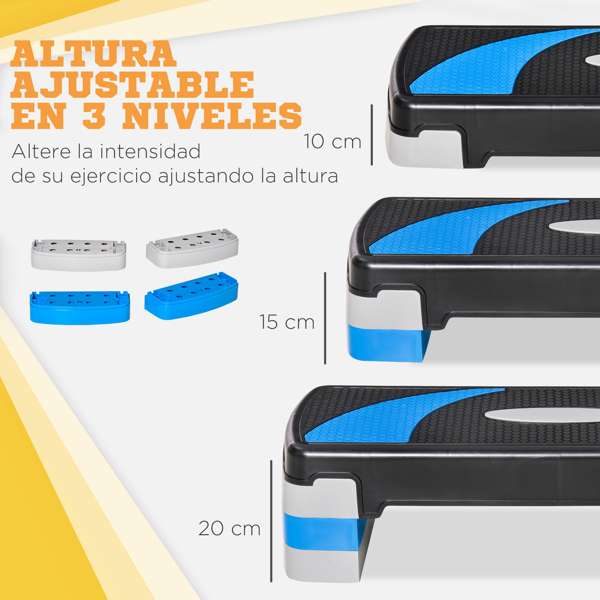 Step aeróbico ajustable en 3 alturas (10, 15, 20 cm) con agarre azul.