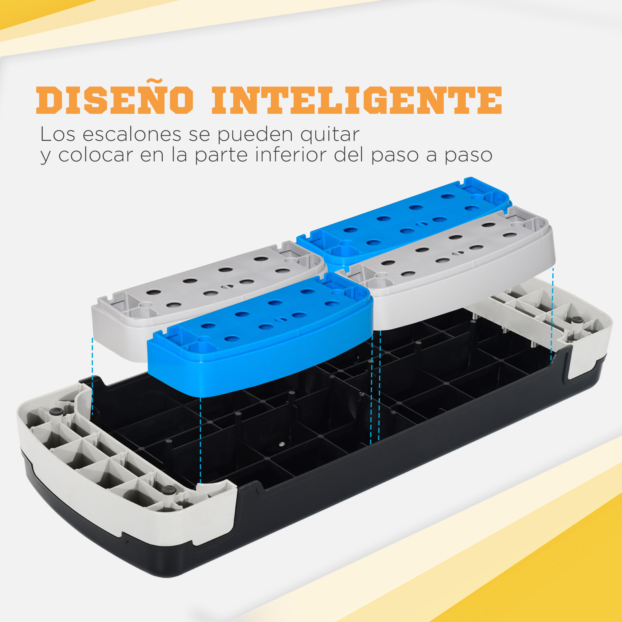 Un step aeróbico con elevadores azules y grises desmontables sobre base negra.