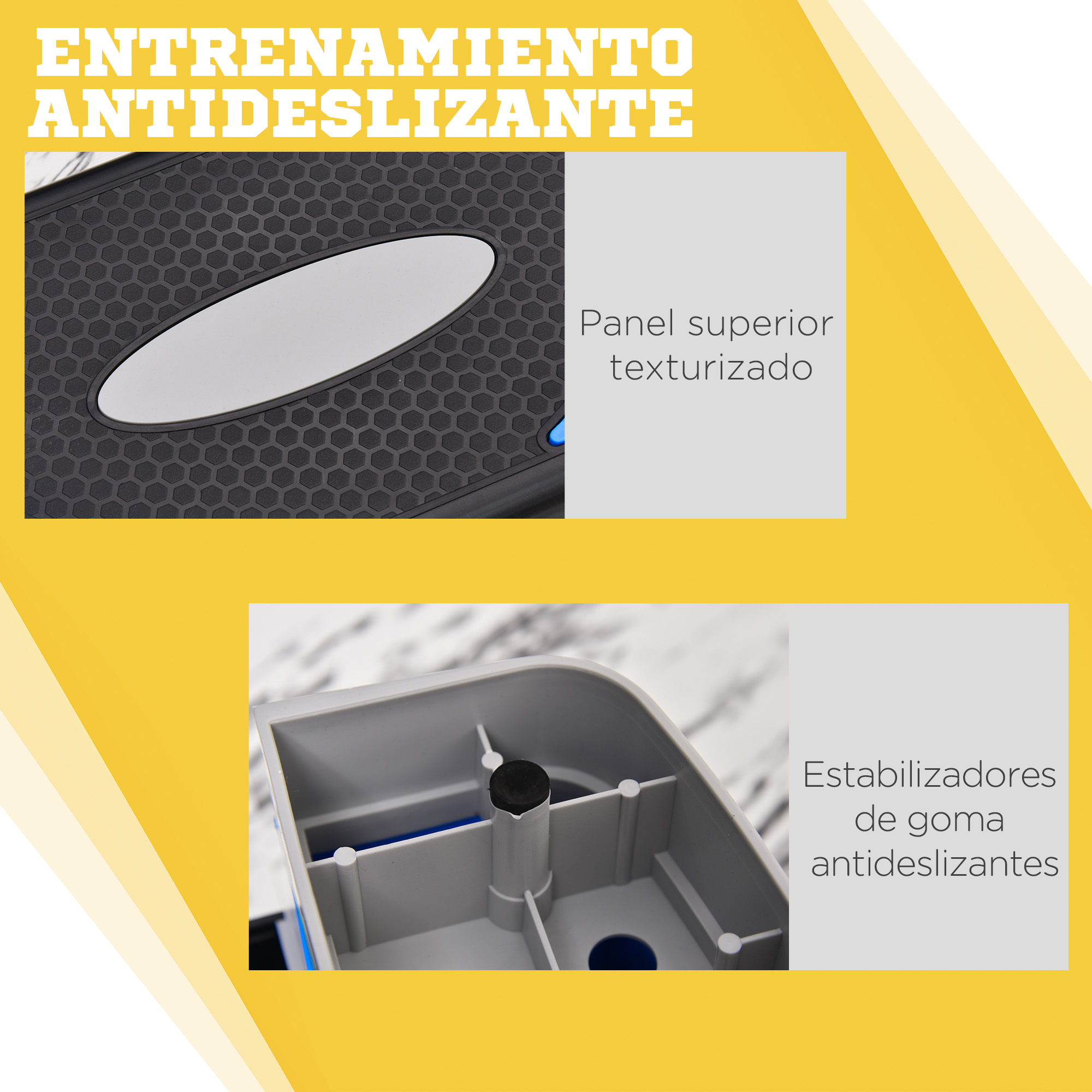 Stepper gris con parte superior negra texturizada y pies de goma.
