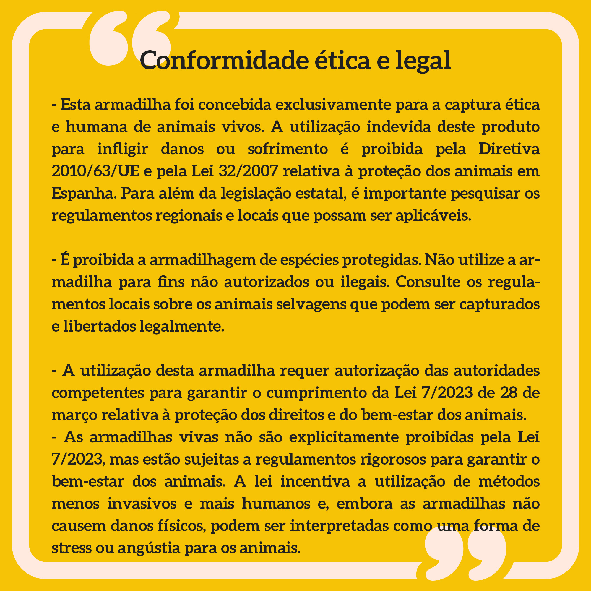 Texto sobre fondo amarillo sobre cumplimiento ético y legal para trampas de animales.