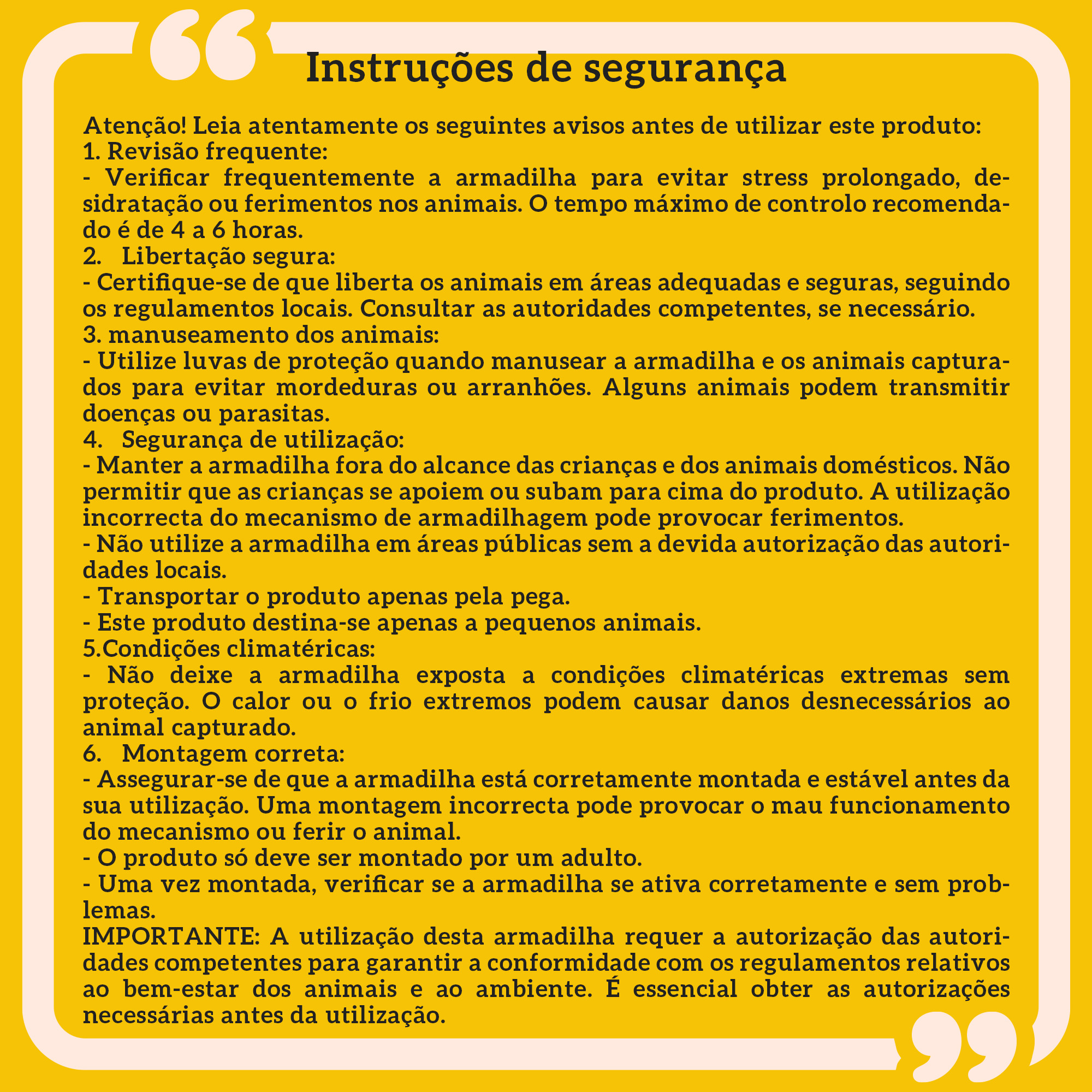 Instrucciones de seguridad: Revisión frecuente, liberación segura, manejo, uso, clima y montaje correcto.