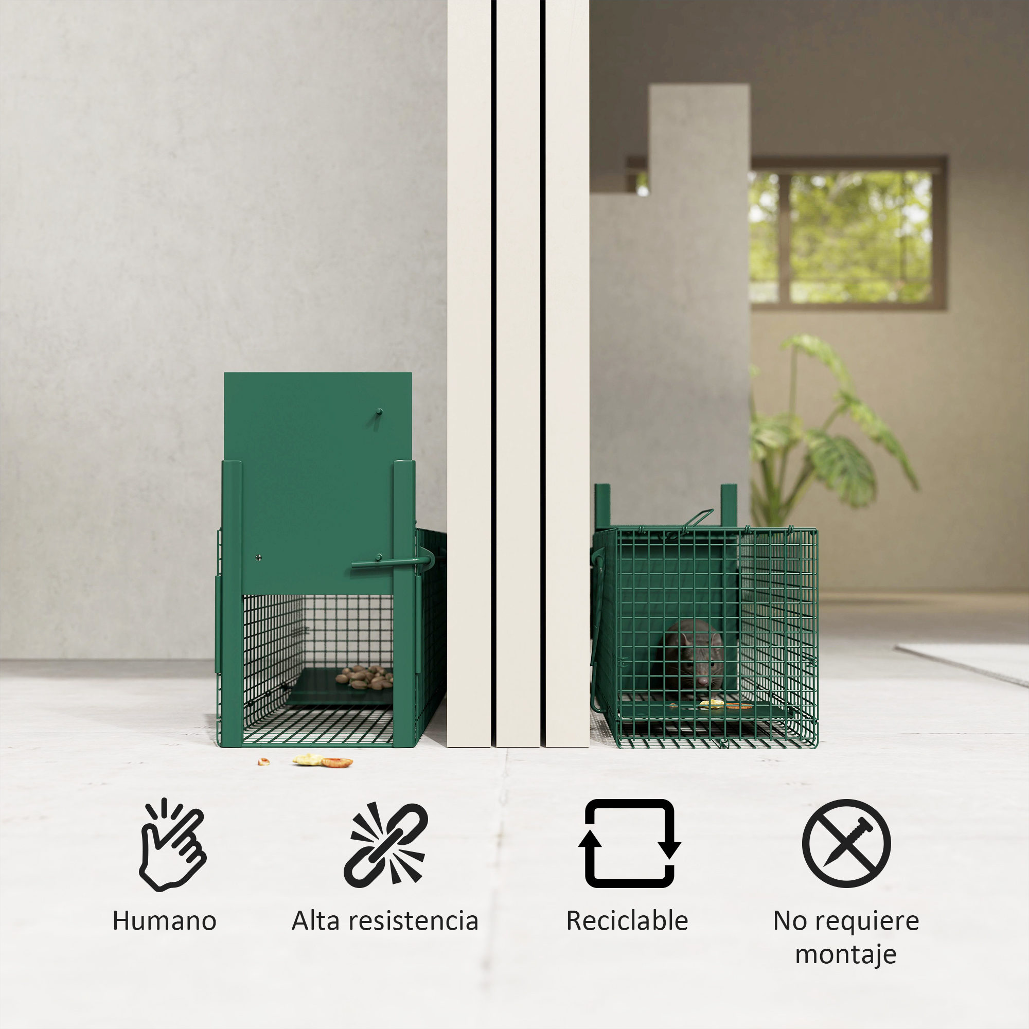 Dos trampas verdes para animales con animales y cebo, más iconos de humano, duradero y reciclable.