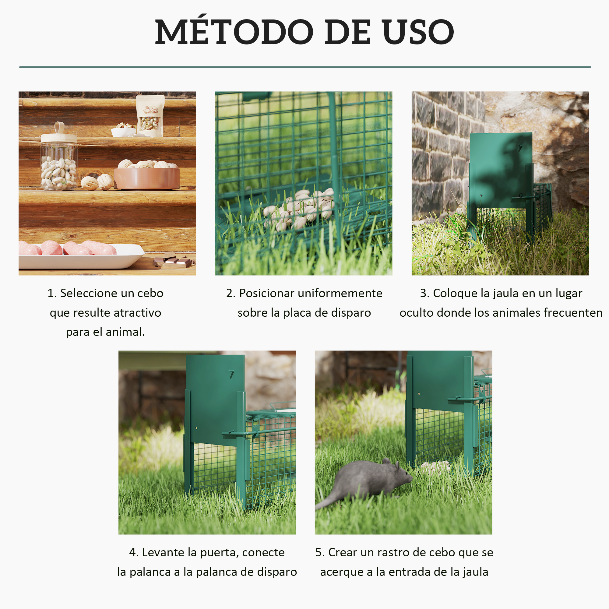 Instrucciones: Seleccionar cebo, colocar en gatillo, ocultar jaula, abrir puerta, crear rastro.