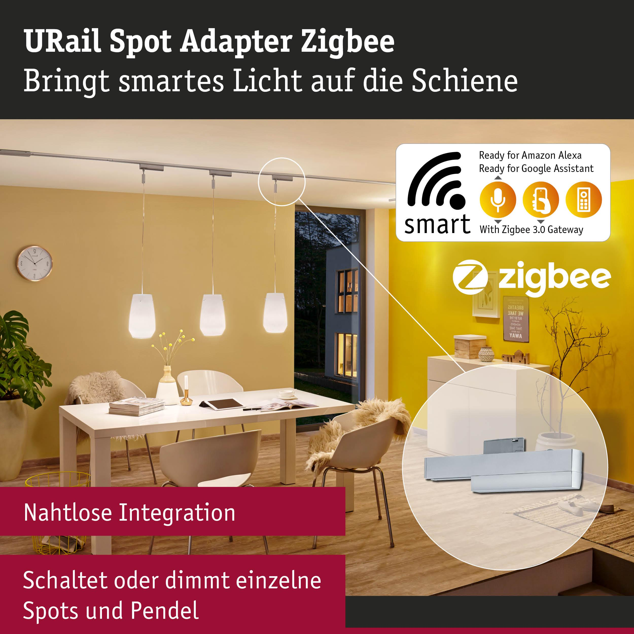 Ein Esszimmer mit smartem URail Spot Adapter und Zigbee-Logo.