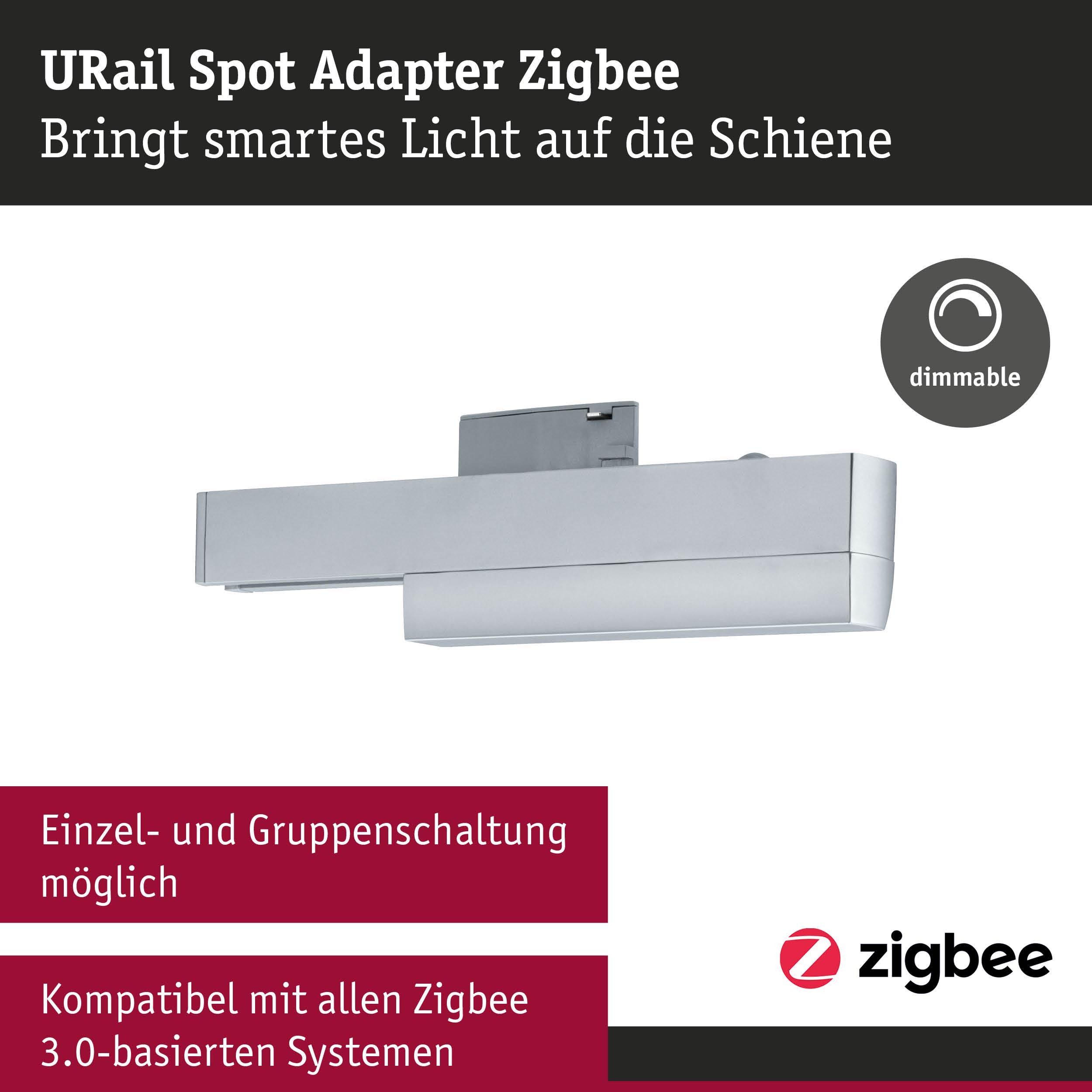 Grauer URail Spot Adapter mit Zigbee-Logo, dimmbar.