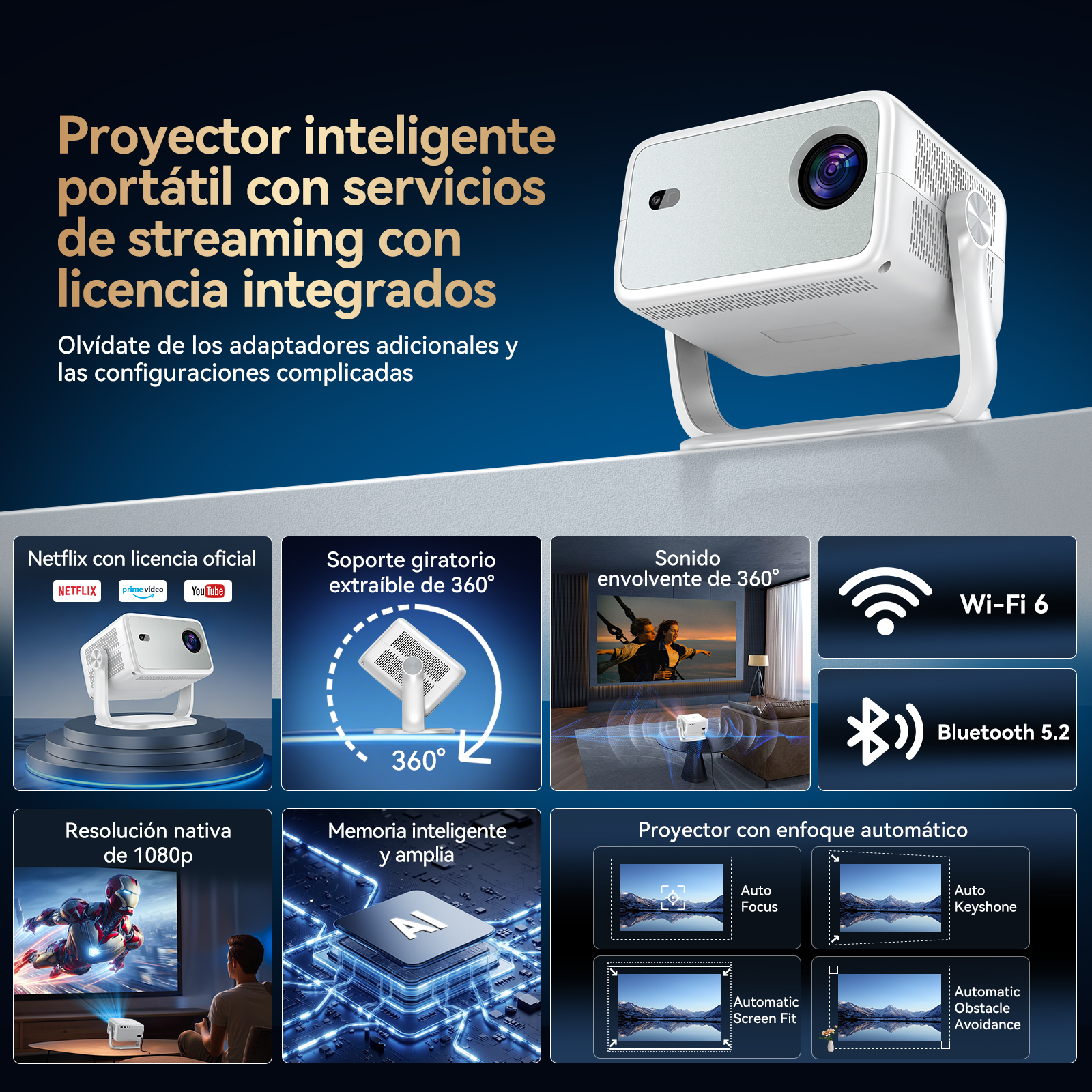 Un proyector blanco con servicios de streaming, Wi-Fi 6 y Bluetooth 5.2.