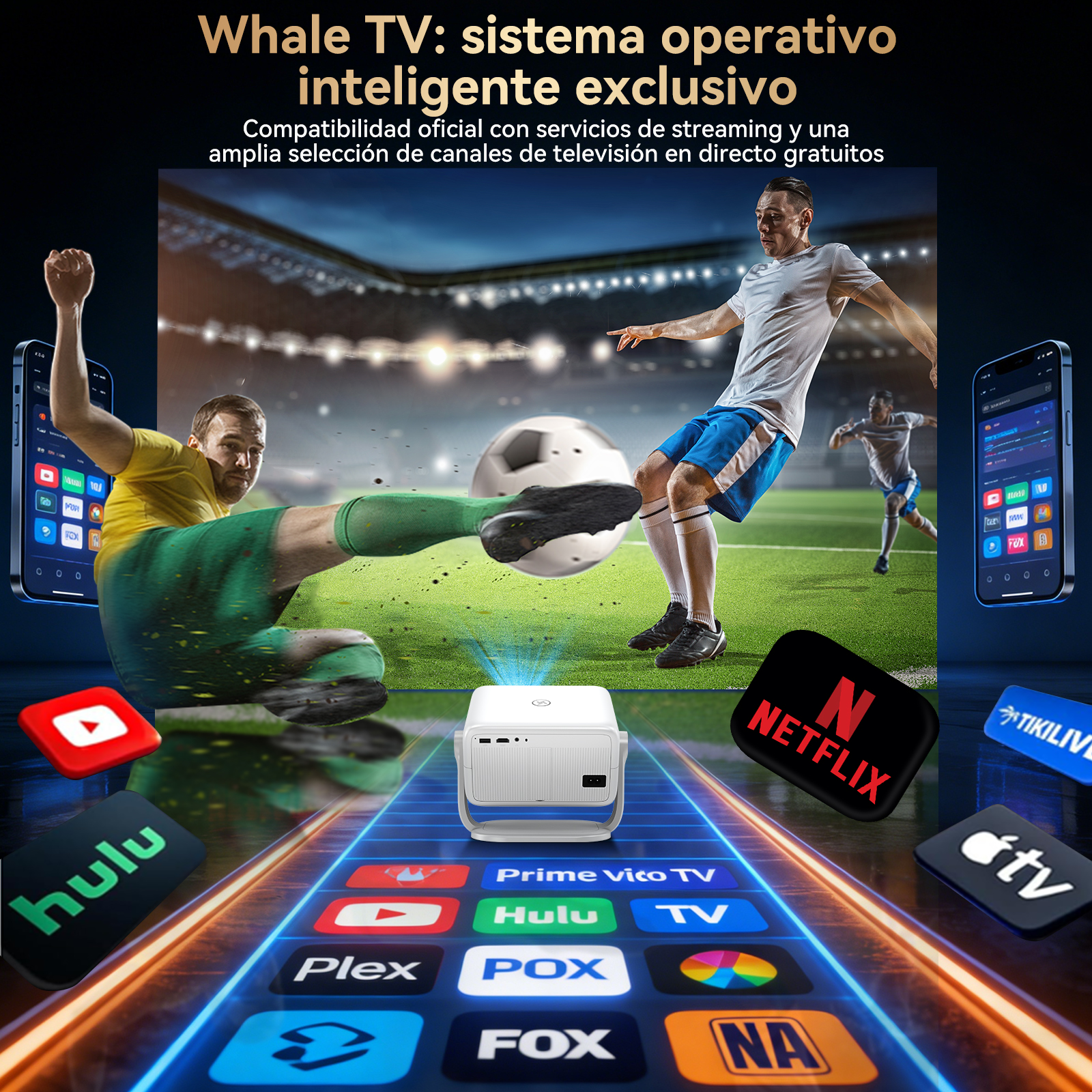 Un proyector muestra jugadores de fútbol en pantalla de estadio con iconos de apps.