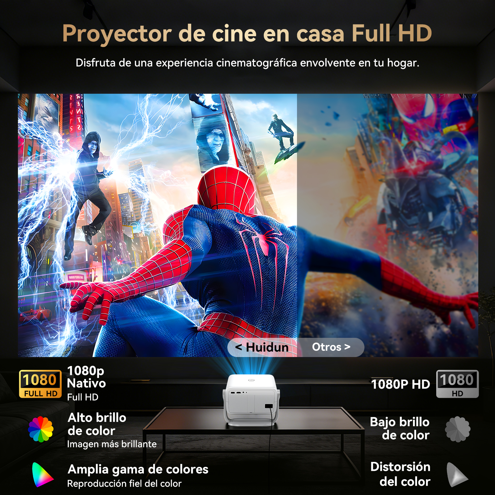 Un proyector de cine en casa con Spider-Man, que ofrece Full HD 1080p.