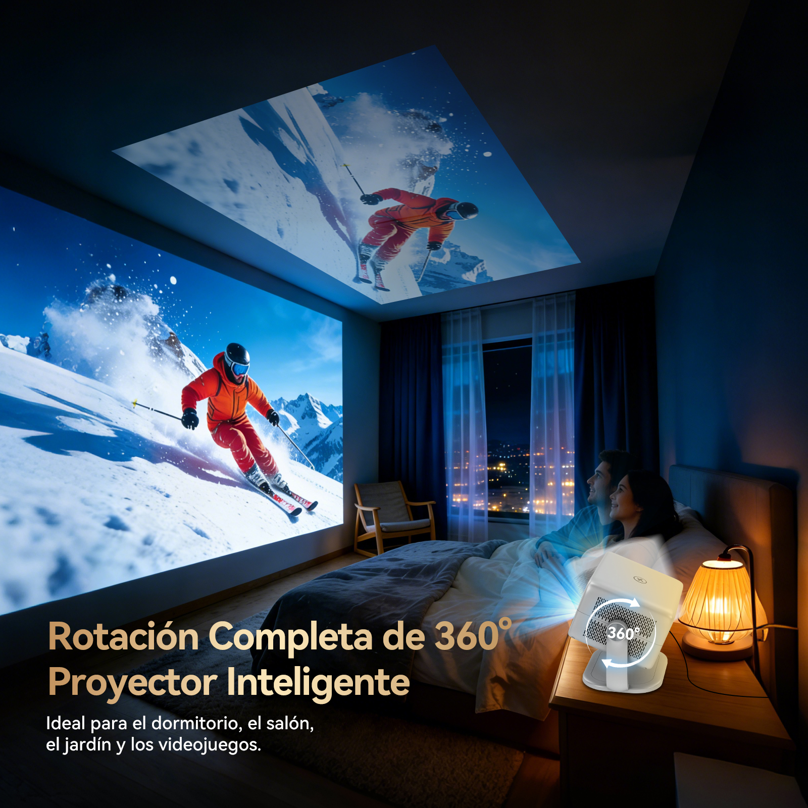 Una pareja en la cama mira un proyector que muestra esquiadores en pared y techo.